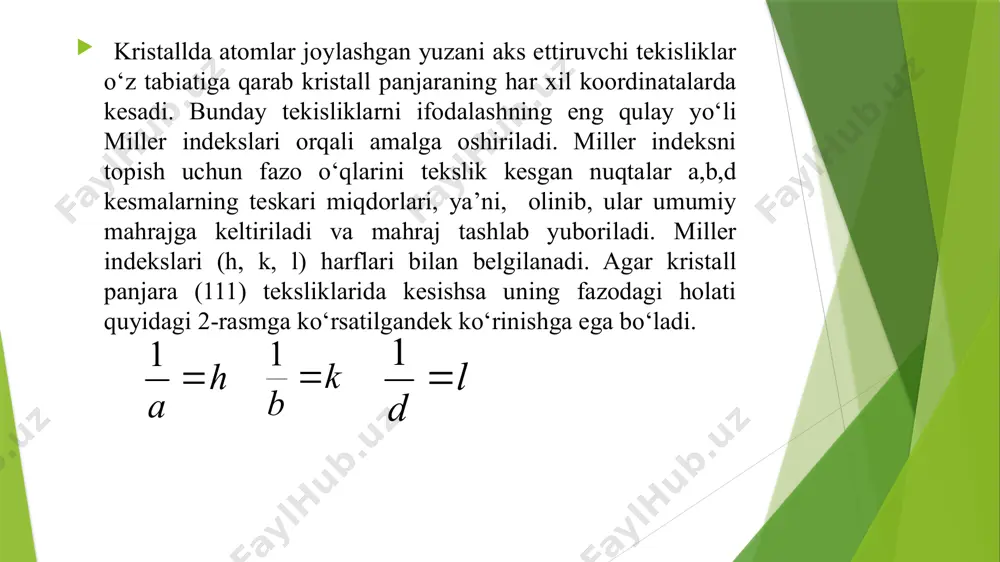 entar panjara borligini. bu holatda kristall panjara doimiysi a=5,4 ǻ ga yoki a=5,4·10-8 sm ga tengligi va bu panjara kubdan iborat bo‘lganligidan bitta kub yachekaning hajmi qancha hajmni tashkil qilishini topamiz. vya.= a3 =(5,4·10-8 sm)3 =1,57·10-22 sm-3 ga tengligini hosil qilamiz. bundan 1 sm-3 kristallda elementar panjara sonini quyidagi ifoda orqali aniqlaymiz. demak agar kristall panjara doimiysi a=5,4 ǻ teng bo‘lgan elementar kub panjaradan tuzilgan 1 sm-3 kremniy kristall panjarasida elementar panjaralar soni ta ni tashkil etar ekan. image1.wmf image2.wmf image3.wmf oleobject1.bin oleobject2.bin oleobject3.bin image4.png image5.wmf oleobject4.bin image6.png image7.png image8.png image9.png image10.png image11.png image12.png image13.png image14.png image15.wmf image16.wmf oleobject5.bin oleobject6.bin h a = 1 k b = 1 l d = 1 z z z x x x y y y a) b ) d ) d) b) a) y y y z z z x x x 21 22 22 - 10 3 , 6 10 63 , 0 …