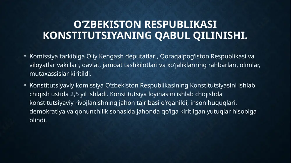 ning o‘z huquq va erkinliklarini sud orqali himoya qilishi kafolatlanadi. konstitutsiyaning tamoyillari. yettinchi tamoyil - qonuniylikdir. qonuniylik jamiyatning bir maromda hayot kechirishini, davlat organlarining maromli faoliyat ko‘rsatishini ta’minlaydi. davlat, uning organlari, mansabdor shaxslar, jamoat birlashmalari, fuqarolar konstitutsiya va qonunlarga muvofiq ish ko‘rgandagina jamiyatda barqarorlik va taraqqiyot bo‘ladi. sakkizinchi tamoyil - o‘zbekiston respublikasi tashqi siyosatining asosiy qoidalarini aniq belgilab qo‘yilganligidadir. asosiy qonunning 17-moddasida o‘zbekiston respublikasi tashqi siyosati aks etgan. konstitutsiyada davlat xalqning manfaatlari va xavfsizligini ta’minlash maqsadida boshqa davlatlar bilan ittifoq va do‘stona aloqalar o‘rnatishi hamda davlatlararo tuzilmalarga kirishi va ulardan ajralib chiqishi mumkinligi qonunlashtirilgan. konstitutsiyaning tamoyillari. to‘qqizinchi tamoyil - mahalliy o‘zini-o‘zi boshqarishdir. o‘zbekistonda o‘zbek davlatchiligi rivojining tarixiy tajribasiga tayangan holda mahalliy hokimiyat boshlig‘i bo‘lgan hokim instituti joriy etildi. viloyatlar, tumanlar va shaharlarda hokimiyatning vakillik organlari xalq deputatlari kengashlari bo‘lib, ularga viloyat, tuman va shahar hokimlari boshchilik qiladilar. konstitutsiyaning 99 - 104–moddalarida mahalliy davlat hokimiyati asoslari, hokimlarni tayinlash va tasdiqlash tartiblari, …