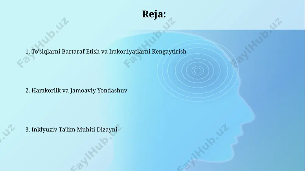 n sharoitlar farg'ona viloyatida 2023-yilda 30 ta maktabda jismoniy imkoniyatlari cheklangan talabalar uchun qo'shimcha 100 dan ortiq o'qituvchi va 50 dan ortiq maxsus pedagoglar tayyorlandi. toshkent shahridagi oliygohlarning 20% da, taxminan 800 nafar talaba uchun, inklyuziv ta'limni qo'llab-quvvatlash maqsadida, audio-vizual materiallar va maxsus dasturlar bilan ta'minlangan. qo'llab-quvvatlash xizmatlari va resurslari qo'llab-quvvatlash xizmatlari, masalan, toshkent shahridagi 5 ta maktabda 20 dan ortiq o'qituvchidan iborat psixologik yordam guruhlarini o'z ichiga oladi, bu esa o'quvchilarga individual yordam ko'rsatish imkonini beradi. o'zbekistonning 3 ta viloyatida joylashgan 15 ta inklyuziv markaz, 50 dan ortiq bolani qamrab oluvchi nutq terapiyasi va maxsus ta'lim dasturlari bilan ta'minlaydi. gender tengligi va teng huquqlarni ta'minlash 2022-yilgi ma'lumotlarga ko'ra, o'zbekistonning 12 ta viloyatida qizlarning oliy ta'limga kirish ko'rsatkichlari o'g'lanlarga nisbatan 5-10% past bo'lib, gender tengsizligini ko'rsatadi. samarqand davlat universitetida o'tkazilgan tadqiqotlar shuni ko'rsatdiki, 30% talabalarda gender stereotiplar tufayli kasb tanlashda qiyinchiliklar mavjud. inklyuziv o'qitish metodlari inklyuziv o‘qitishda, masalan, 5-sinf o‘quvchilari …