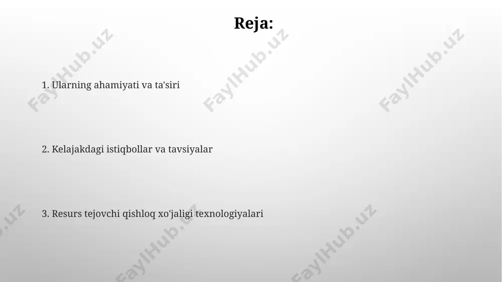 logiyalar, past dozalarda qo'llanilganda, bakteriyalar va zamburug'larni yo'q qilish orqali mahsulotlarning saqlash muddatini 50% ga oshirishi mumkin. energiya tejaydigan texnologiyalar quyosh energiyasi bilan ishlaydigan nasoslar va boshqa qishloq xo'jaligi texnikalari dizel yoqilg'isiga qaraganda 70% gacha kamroq energiya sarfini ta'minlaydi, shu bilan birga atrof-muhit ifloslanishini kamaytiradi. energiya tejaydigan sug'orish tizimlari, masalan, tomchilab sug'orish, suv sarfini 30-50% ga kamaytirib, hosildorlikni oshiradi va energiya iste'molini sezilarli darajada pasaytiradi. zararkunandalarga qarshi kurashning zamonaviy usullari integratsiyalashgan zararkunandalarni boshqarish (izb) strategiyasi, kimyoviy vositalar bilan birga, 25% gacha hosil yo'qotilishini oldini olishga yordam beradi. zararkunandalarga qarshi kurashda biologik usullar, masalan, foydali hasharotlarni qo'llash orqali 30% gacha pestisidlarga bo'lgan ehtiyojni kamaytirish mumkin. precision qishloq xo'jaligi aniq qishloq xoʻjaligi, oʻgʻitlarni 20% ga tejashga yordam beradi, bu tuproq unumdorligini oshirish va atrof-muhitga taʼsirini kamaytirish bilan bogʻliq. zamonaviy tahlil dasturlari yordamida pestitsidlarni 10-15% ga kamaytirish, zararkunandalarga qarshi kurashni optimallashtirish va ekologik muvozanatni saqlash mumkin. tuproq unumdorligini oshirish texnologiyalari tuproq unumdorligini oshirishda, …