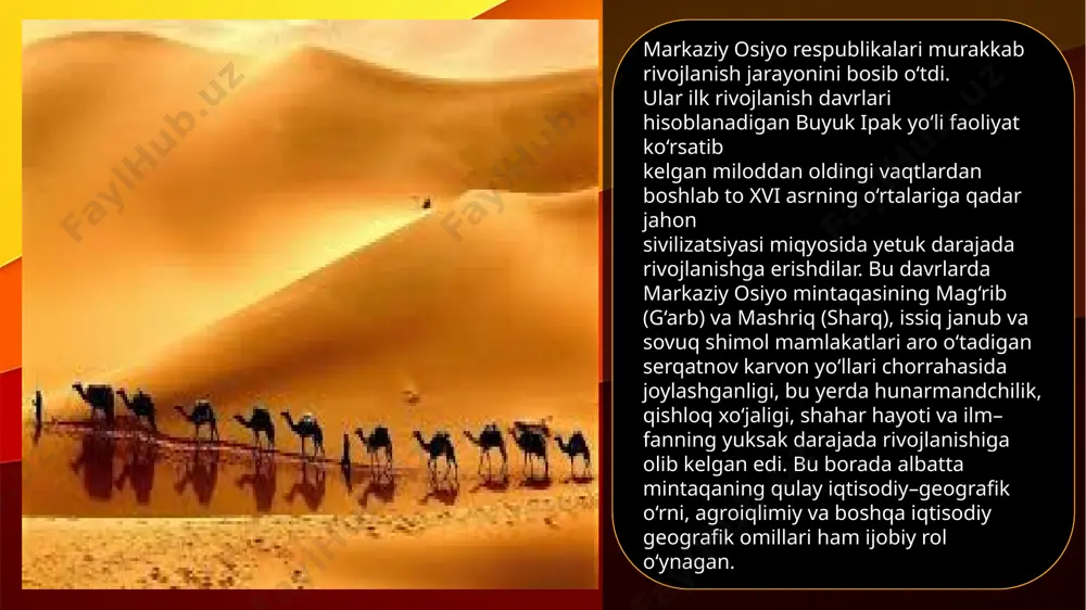 ngan. 9 12.11.2024 dobavit nijniy kolontitul markaziy osiyo hududida temir rudasining sanoat ahamiyatiga ega bo‘lgan uncha ko‘p bo‘lmagan konlari topilgan. amaliy ahamiyatga ega bo‘lgan temir konlaridan janubiy qozog‘istonning aboshol va xo‘jand shahridan shimoli sharqda joylashgan konlarni ko‘rsatish mumkin. 9 markaziy osiyo mdh davlatlari orasida xom ashyo va yarim xom ashyo mahsulotlari, qisman sanoat mahsulotlari yetishtirishga ixtisoslashganligi bilan ajralib turar edi. markaziy osiyo davlatlari sanoatida undiruvchi sanoat tarmoqlarining ahamiyati katta. bularga yoqilg‘a–energetika, metallurgiya, mashinasozlik, kimyo sanoatlari kiradi. keyingi yillarda qurilish, yengil va oziq–ovqat sanoatlari ham rivojlanib kelmoqda. 10 12.11.2024 dobavit nijniy kolontitul 11 image1.jpg image8.jpg image2.jpg image11.png image3.jpg image4.jpg image5.jpg image7.png image8.svg image16.png image12.jpeg image13.png image24.svg image14.png image26.svg image15.png image9.jpg image17.png .msftofcthm_text2_fill { fill:#00bbff; } .msftofcthm_text2_fill { fill:#00bbff; }