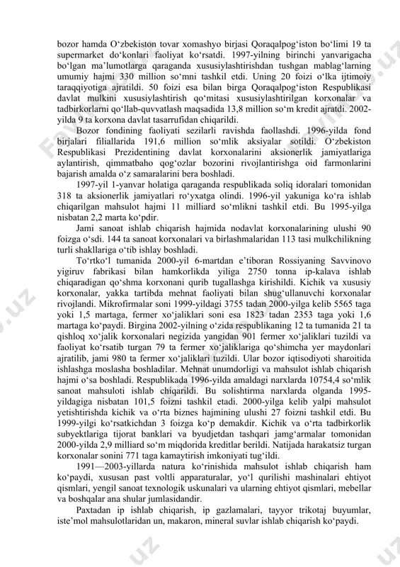 engashi hisoblanadi. uning tarkibiga rais, ikkita birinchi o‘rinbosar va 4 ta tarmoq o‘rinbosarlari kiradi. shuningdek, ijroiya hokimiyat tarkibiga vazirliklar va qator tarmoq qo‘mitalari rahbarlari ham kiritilgan. qoraqalpog‘iston respublikasi vazirlar kengashi toshkent shahrida o‘zbekiston respublikasi vazirlar mahkamasi qoshida o‘zining ish olib boruvchi doimiy vakiliga ega. qoraqalpog‘iston respublikasida faoliyat ko‘rsatayotgan qator jamoat tashkilotlari bu yerda demokratik jarayonlarning tobora qaror topayotganidan dalolat beradi. ayni paytda, respublika hududida hukumatga qarashli bo‘lmagan qator tashkilotlar, jumladan, «orol va amudaryoni himoya qilish uyushmasi», «ekosan», «aralsos», «sog‘lom avlod uchun» singari bir qator xalqaro tashkilotlarning bo‘limlari ish olib bormoqda. ayni vaqtda, shuni ta’kidlash joizki, istiqlol yillarida qoraqalpog‘istonda qonunchilik, ijroiya va sud hokimiyatining zamonaviy tizimini vujudga keltirishda dastlabki qadamlar qo‘yilgan bo‘lsa-da, xali bu borada qator muammolar saqlanib qolmoqda. 1997-yil 17-iyul kuni nukusda bo‘lgan qoraqalpog‘iston respublikasi jo‘qarg‘i kengesining navbatdan tashqari sessiyasi qonun chiqaruvchi va ijroiya hokimiyati faoliyatlarida davom etib kelayotgan kamchiliklarni chuqur tahlil qildi. xususan, qabul qilingan qonun va qarorlarni hayotga …