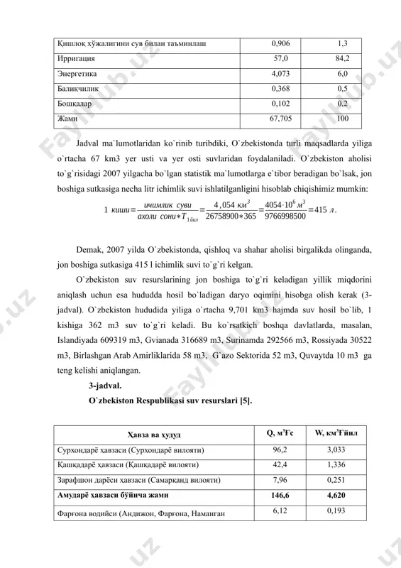siga necha litr ichimlik suvi ishlatilganligini hisoblab chiqishimiz mumkin: file_0.unknown thumbnail_0.wmf demak, 2007 yilda o`zbekistonda, qishloq va shahar aholisi birgalikda olinganda, jon boshiga sutkasiga 415 l ichimlik suvi to`g`ri kelgan. o`zbekiston suv resurslarining jon boshiga to`g`ri keladigan yillik miqdorini aniqlash uchun esa hududda hosil bo`ladigan daryo oqimini hisobga olish kerak (3-jadval). o`zbekiston hududida yiliga o`rtacha 9,701 km3 hajmda suv hosil bo`lib, 1 kishiga 362 m3 suv to`g`ri keladi. bu ko`rsatkich boshqa davlatlarda, masalan, islandiyada 609319 m3, gvianada 316689 m3, surinamda 292566 m3, rossiyada 30522 m3, birlashgan arab amirliklarida 58 m3, g`azo sektorida 52 m3, quvaytda 10 m3 ga teng kelishi aniqlangan. 3-jadval. o`zbekiston respublikasi suv resurslari [5]. ҳàâçà âà ҳóäóä q, ì3ғñ w, êì3ғéèë ñóðõîíäàð¸ ҳàâçàñè (ñóðõîíäàð¸ âèëîÿòè) 96,2 3,033 қàøқàäàð¸ ҳàâçàñè (қàøқàäàð¸ âèëîÿòè) 42,4 1,336 çàðàôøîí äàð¸ñè ҳàâçàñè (ñàìàðқàíä âèëîÿòè) 7,96 0,251 амударё ҳавзаси бўйича жами 146,6 4,620 ôàðғîíà âîäèéñè (àíäèæîí, ôàðғîíà, íàìàíãàí âèëîÿòëàðè) 6,12 0,193 òóðêèñòîí âà íóðîòà …