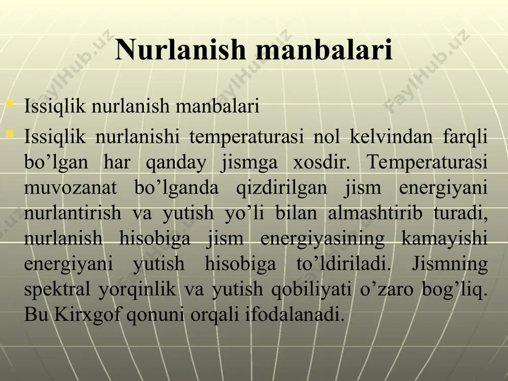 yetkazish mumkin ekan. bu esa absolyut qora jismga juda yaqin bo’ladi. ko’p hollarda nurlanish manbai sifatida nakalli lampadan foydalaniladi. etalonli lampalarda nakal elementi sifatida ya’ni 1-2 mm bo’lgan volframdan foydalaniladi. lentani yetarli darajada 2800-3000 k gacha qizdirish usuli lentaning kesimiga qarab 10-20 ampergacha elektr toki zarur. bunda har bir lenta o’zining tokka bog’liq bo’lgan yorqinlik temperaturasiga ega bo’ladi. shuning uchun spektrning kerakli to’lqin uzunlikdagi spektral yorqinligini lentali lampaning temperaturaviy yorqinligiga qarab olish qiyin emas. shuningdek volfram spirally lentalar ham keng qo’llaniladi. bunday lampalar bilan yasaladigan shishaning turiga qarab ~200 nm dan 3 mkm to’lqin uzunlikda nur chiqaradi. nakalli lampalarning ishlash muddati va spiralning maksimal temperaturasi volframning bog’lanish jarayoni bilan bog’liq bo’lib spiral ingichkalashib qolishi mumkin. gologenli lampalarda bug’lanish sekinroq bo’ladi. bunday lampalar 600 mm.sim. ust. argon bilan to’ldirilgan kvarsli kolbadan iborat bo’lib 1-2 m gacha yod qo’shilgan bo’ladi. bunday lampaning ishlash jarayonida yodli sikl vujudga keladi, ya’ni spiral bug’lanishi natijasida …