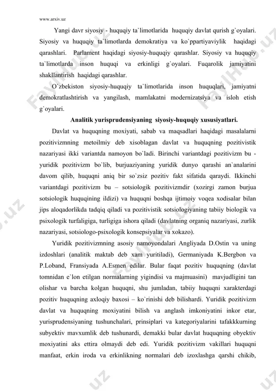 pozitiv huquqning axloqiy baxosi – ko`rinishi deb bilishardi. yuridik pozitivizm davlat va huquqning moxiyatini bilish va anglash imkoniyatini inkor etar, yurisprudensiyaning tushunchalari, prinsiplari va kategoriyalarini tafakkkurning subyektiv mavxumlik deb tushunardi, demakki bular davlat huquqning obyektiv moxiyatini aks ettira olmaydi deb edi. yuridik pozitivizm vakillari huquqni manfaat, erkin iroda va erkinlikning normalari deb izoxlashga qarshi chikib, yurisprudensiya tushunchalarning yurisprudensiyasiga aylanib qolishi mumkin degan xulosaga kelishimiz mumkin. bu nazariyaga ko`ra, huquq davlat tomonidan e`lon kilingan va jamiyat a`zolariga yullangan va demakki ular uchun e`lon muljallangan umumajburiy normalar va qoidalarning majmuasi sifatida maydonga chiqadi. huquq moxiyatan va mazmunan siyosiy xumkdor yoki suveren tomonidan o`rnatilgan qoidalar agregati xisoblanadi, deydi ostin. yuridik pozitivizm huquq va davlatning muayyan bazisga bog`liq va uning taqozosi ekanligini rad qiladi. bundan esa huquq normalarini valyutaristik tarzda tushuntirish kelib chiqardi. yuridik normalar davlatning zuravonligi, zurligi xosilasi sifatida kurilar, normalar abstrakt tarzidagi buyruqlar, qonun chiqaruvchining normativ fikrlashi sifatida tushunilar edi. bu nazariyaga …