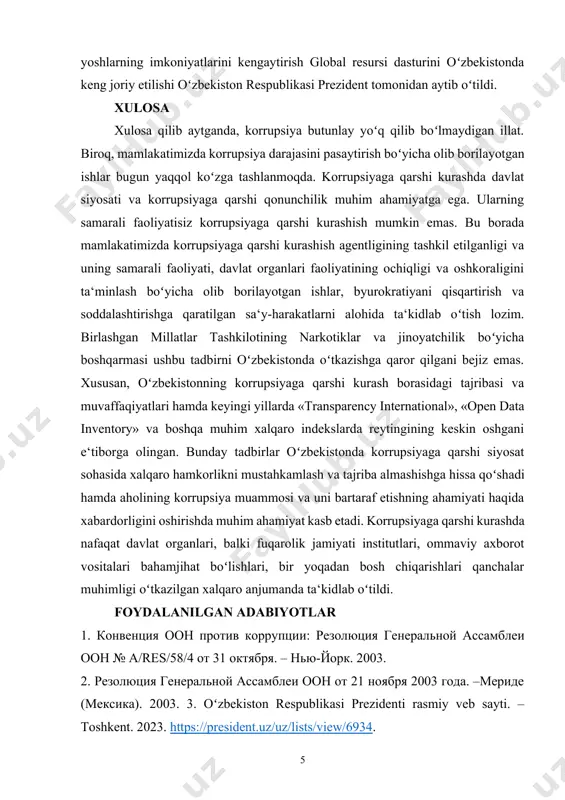 ib) asosiy vazifasi ham davlat tashkilotlarida, ham xususiy sektorda korrupsiya bilan bogʻliq jinoyatlarning oldini olish va tergov qilishdan iborat. uning asosiy funksiyalari qilib: korrupsiyaga oid shikoyatlarni qabul qilish va tekshirish, davlat organlari mansabdor shaxslari tomonidan sodir etilgan korrupsiyaga oid qonunga xilof xatti-harakatlar va mansab vakolatlarini suiiste‘mol qilish holatlarini tekshirish, davlat organlari faoliyatini tahlil qilgan holda ulardagi korrupsion harakatlarni minimumga tushirish – belgilangan [5, 152 b]. yuqorida koʻrsatilgan va boshqa koʻpgina davlatlardagidek oʻzbekiston respublikasi korrupsiyaga qarshi kurashish agentligiga tergov qilish vakolatlarini berish va huquqni muhofaza qiluvchi organi tarkibiga kiritish, hozirgi davrda qanchalik muhim ekanligini koʻrsatib turibdi. bundan tashqari yuqorida aytib oʻtilgan tadbirda, birlashgan millatlar tashkilotining korrupsiyaga qarshi ta‘lim va yoshlarning imkoniyatlarini kengaytirish global resursi dasturini oʻzbekistonda keng joriy etilishi oʻzbekiston respublikasi prezident tomonidan aytib oʻtildi. xulosa xulosa qilib aytganda, korrupsiya butunlay yoʻq qilib boʻlmaydigan illat. biroq, mamlakatimizda korrupsiya darajasini pasaytirish boʻyicha olib borilayotgan ishlar bugun yaqqol koʻzga tashlanmoqda. korrupsiyaga qarshi kurashda …