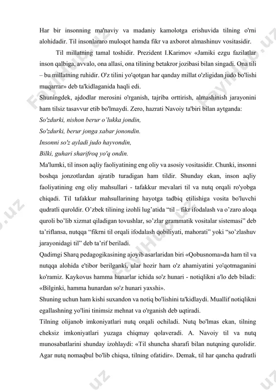 ». shuning uchun ham kishi suxandon va notiq bo'lishini ta'kidlaydi. muallif notiqlikni egallashning yo'lini tinimsiz mehnat va o'rganish deb uqtiradi. tilning olijanob imkoniyatlari nutq orqali ochiladi. nutq bo'lmas ekan, tilning cheksiz imkoniyatlari yuzaga chiqmay qolaveradi. a. navoiy til va nutq munosabatlarini shunday izohlaydi: «til shuncha sharafi bilan nutqning qurolidir. agar nutq nomaqbul bo'lib chiqsa, tilning ofatidir». demak, til har qancha qudratli zo'r bo'lmasin, u nutq uchun qurol sifatida xizmat qiladi. uning kuch-qudrati nutq jarayonida namoyon bo'ladi. agar til o'q bo'lsa, nutq kamondir. o'qning qudrati kamonning qobiliyatiga ham bog'liq. til millatning noyob xazinasi bo'lib, doimo og'zaki va yozma holda namoyon bo'lgan. boy, yorqin, maroqli nutq, u kim bo'lishidan qat'iy nazar, inson nuri hisoblangan. nutq madaniyati juda katta va keng soha bo'lib, u bolaning kundalik oddiy salom-aligidan tortib, kimga nimani, qachon, qaerda va qanday so'zlashigacha bo'lgan barcha nutqiy jarayonlarni o'z ichiga oladi. nutq madaniyati faqat nutqni egallash yo'llarini emas, balki undan foydalanish …