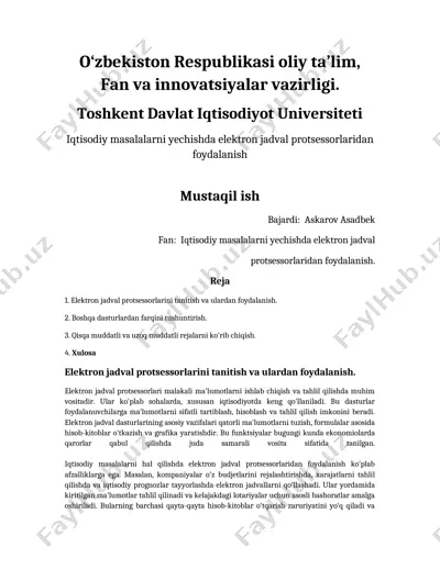 elektron jadval protsessorlaridan foydalanish — DOCX