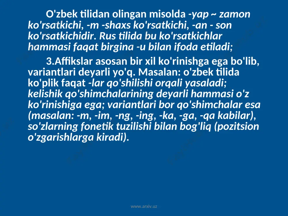 ish ko'rsa, universalizm induktiv uslub asosida ish ko'radi, ya'ni ma'lum umumiylikni barcha tillar tizimlariga tatbiq etadi. masalan: agar til faqat suffiksli bo’ladi, poslelog albatta bo’ladi; agar til faqat prefiksli bo’ladi, predlog ham bo 'ladi; agar tilda rod kategoriyasi bo 'tea, son kategoriyasi ham bo 'ladi; agar tilda rod kategoriyasi otlarga xos bo’ladi, olmoshlarda ham rod kategoriyasi bo'ladi. www.arxiv.uz www.arxiv.uz morfologik tipologiya «tillarning grammatik qurilishiga qarab taksonomik guruhlarga bo'lish bilan shug'ullanadi». bu tipologiya ustida quyiroqda batafsil to'xtalib o'tamiz. maxsus tipologik nazariya. «tillar sistemalarini tipologik tadqiq qilish usullari hamda maxsus qoida va uslublarini yaratish, maxsus tipologik nazariyaning asosiy vazifasi hisoblanadi. www.arxiv.uz www.arxiv.uz maxsus tipologik nazariyani yaratishda dunyo tillari sistemasi struktural tipologiyaning obyekti hisoblanadi. u konkret til sistemasini alohida o'rganuvchi deskreptiv uslub va bir guruh qardosh tillar sistemasini o'rganuvchi genetik uslubdan foydalanib, umumiy tipologik uslublarni yaratadi. tipologik nazariya barcha tillar sistemalaridagi universallikni aniqlashga qodir bo'lishi kerak. tipologik nazariya universaliyalarni bayon etish usullarini ifodalaydi, …