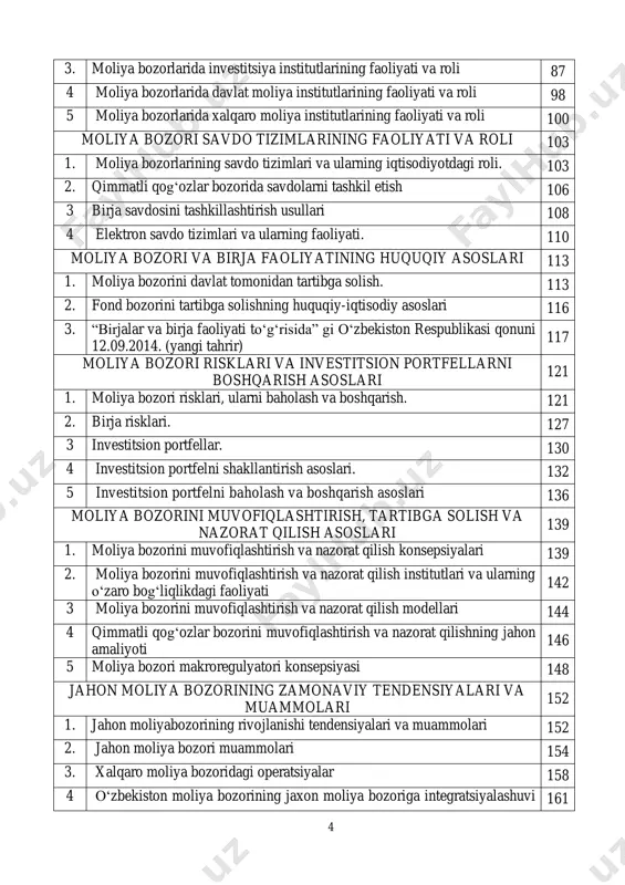 64 2. birja risklari. 167 3 investitsion portfellar. 170 4 investitsion portfelni shakllantirish asoslari. 174 5 investitsion portfelni baholash va boshqarish asoslari 176 moliya bozorini muvofiqlashtirish, tartibga solish va nazorat qilish asoslari 179 1. moliya bozorini muvofiqlashtirish va nazorat qilish konsepsiyalari 179 2. moliya bozorini muvofiqlashtirish va nazorat qilish institutlari va ularning o‗zaro bog‗liqlikdagi faoliyati 181 3 moliya bozorini muvofiqlashtirish va nazorat qilish modellari 183 4 qimmatli qog‗ozlar bozorini muvofiqlashtirish va nazorat qilishning jahon amaliyoti 186 jahon moliya bozorining zamonaviy tendensiyalari va muammolari 189 1. jahon moliyabozorining rivojlanishi tendensiyalari va muammolari 189 2. jahon moliya bozori muammolari 191 3. xalqaro moliya bozoridagi operatsiyalar 193 4 o‗zbekiston moliya bozorining jaxon moliya bozoriga integratsiyalashuvi masalalari 197 banklarning moliya bozoridagi operatsiyalari 202 1 tijorat banklarining qimmatli qog‗ozlar bozoridagi o‗rni 202 2 tijorat banklarining qimmatli qog‗ozlar bozorida ishtirok etish maqsadlari 204 3 tijorat banklarining investitsiya muassasalari sifatidagi faoliyati 207 4 markaziy banklarning qimmatli qog‗ozlar …