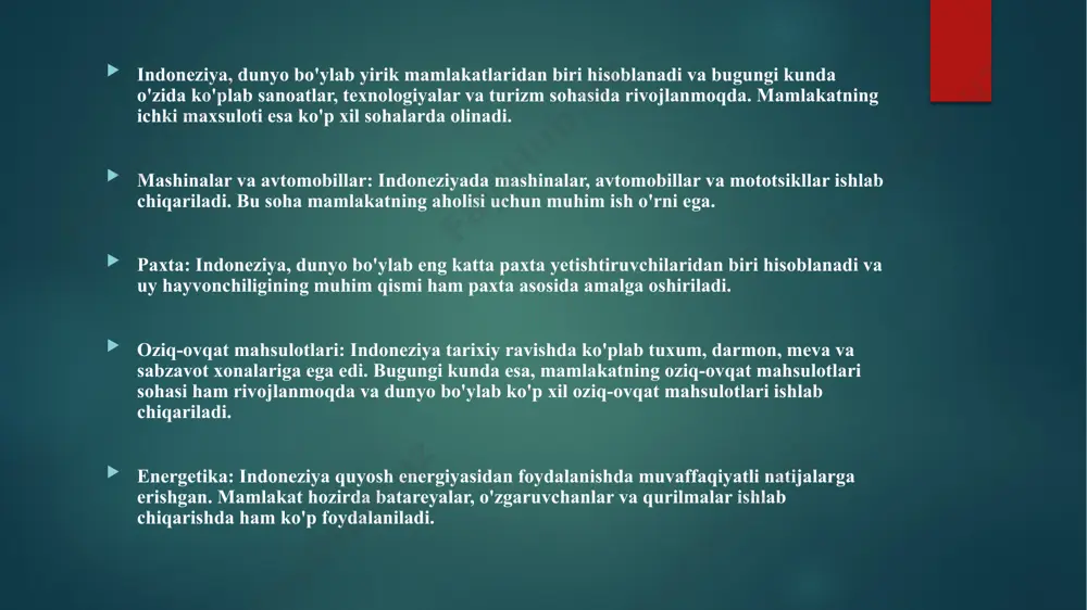 muasi mavjud. shuningdek, indoneziya jahonning eng butun davlatlaridan biriga aylandi va bu yerda turizm sohasida keng imkoniyatlar mavjud. barcha bu sabablarga ko'ra, indoneziya janubi-sharqiy osiyo hududida eng katta va muhim davlatlardan biri hisoblanadi. indoneziya dunyoning etakchi mamlakatlari dan biri hisoblanadi. uning iqtisodiyoti o'zida bog'liq sanoatlar, neft sanoati, turizm, qishloq xo'jaligi va eksport mahsulotlarini o'z ichiga oladi. indoneziya dunyoning katta neft iste'moli mamlakatlari dan biri hisoblanadi va neft ishlab chiqarish indoneziya iqtisodiyotining ahamiyatli qismi hisoblanadi. indoneziya aholisi ko'p va uning iqtisodiyoti yuqori darajada boshqa sohalar bilan to'g'ri keladi. turizm sektori esa indoneziya iqtisodiyotida asosiy o'rinda kelayotgan sohalardan biridir. bali va javada ko'plab turistik joylar bor va bu yerlarda hodisalar turistlarni tortib chiqargan tashvishli holatga ko'tarib chiqishi bilan taninadi. qishloq xo'jaligi ham indoneziyadagi asosiy iqtisodiy faoliyat bo'lib, unda ko'p sonli odamlar ishlaydi. bu sohada o'simlik mahsulotlari, mevalar, go'sht mahsulotlari va sut maxsulotlari ishlab chiqariladi. bundan tashqari, indoneziya xususiy korxonalar va banklar tizimini …