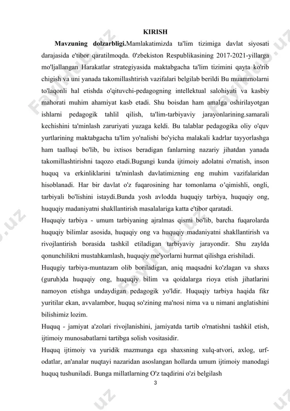 nodagi huquq tushuniladi. bunga millatlarning o'z taqdirini o'zi belgilash huqugi ham kiradi.huquq to'g'risida yuridik hodisa sifatida fikr yuritilganda davlat hokimiyatining qonunlari, hujjatlari, shaxsning erkinligi, xulq-atvor majburiyatlari majmuasini nazarda tutamiz.huquqning vujudga kelishi to'g'risida turli xil nazariy va qarashlar mavjud. insoniyat vujudga kelishi bilan jamiyatda oʻzini tutish qoidalari vujudga kela boshlagan. davlatgacha bo'lgan davrda bu urf-odat, diniy me'yorlar shaklida bo'lib jamiyat a'zolari bularga rioya qilgan. jamiyatdagi o'zaro munosabatlarning shakllanishini amalga oshirish yoʼlini ko'rsatib beruvchi qoidalar, me'yorlar - huquq deb atala boshlandi. kurs ishining obyekti: maktabgacha ta’lim muassasalarining katta va maktabgacha tayyorlov guruhlaridauz huquq va erkinliklarini tushuntirish kurs ishining predmeti: maktabgacha ta’lim muassasalaridauz huquqlarini bilish, oʻrgatish va amalda qoʻllashning mazmuni, metodi va vositalari. kurs ishining maqsadi: maktabgacha ta’lim muassasalari bolalarining oʻquv savodxonligini oshirish, huquq va erkinliklarini tushuntirish va uni targʻib qilish. vatanha boʻlgan vatanparvarlik tuygʻusini shakllantirish kurs ishining vazifasi: maktabgacha pedagоgika yosh avlоdni barkamol shaxs etib voyaga yetkazishda ma’naviy - axloqiy tarbiyani muhim …