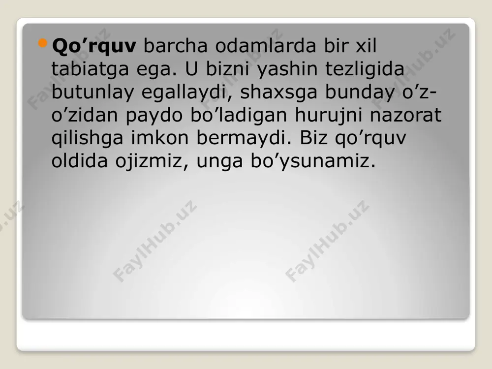uyat hissi. endi biz o’zimizda kechayotgan murakkab ongsiz jarayonlarni kuzata olishimiz mumkin. mayl xuddi po’kakka o’xshab yuqoriga intiladi, bu qo’rquv, uyat yoki aybdorlik hissini uyg’otadi. shuning uchun nafaqat qo’rquvdan, balki aybdorlik va uyat hissidan ham himoyalanish kerak. birmuncha ko’p tarqalgan himoya mexanizmlariga quyidagilar kiradi: “u” ning talablari ostida ezilgan (obrazli aytganda axlatga bulg’angan) “men” jazolanishdan qo’rqib, butun kuchi bilan bu talablarning bajarilishiga yo’l qo’ymaydi va “men” ning antireaksiyasi shaklidagi “reaksiya” shakllanadi. bu axlat bilan bulg’anishga qarshi “men” qatiy qarshi harakat bilan javob berib, pokizalikning ashaddiy ishqiboziga aylanishini anglatadi. izolyasiya himoya mexanizmida mayl bilan bog’liq tasavvur yoki fantaziyalar affektdan (affektning umumiy mazmuni emosiya, emosionallilik, hissiyot, kayfiyat bilan birga ishlatiladi, tarixiy mazmuni bilish va iroda bilan bir qatorda uchinchi «fikrlash funksiyasi» hisoblangan, zamonaviy mazmuni umumiy va uzoq davom etadigan jo’shqin emosional «ehtirosga berilish» holati) izolyasiya qilinadi (ajratiladi). bu affekt bevosita qo’rquv affekti bo’lishi ham mumkin. lekin ular aybdorlik yoki uyat hissi bilan …