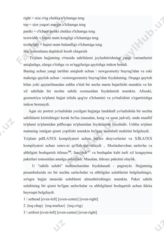 pdftex drayverlarini va xǝlatex kompilyatori uchun xetex-ni qo'llab-quvvatlaydi .. moslashuvchan sarlavha va altbilgini boshqarish titlesec⁵⁶, fancyhdr⁵⁷ va boshqalar kabi turli xil kengaytma paketlari tomonidan amalga oshiriladi. masalan, titlesec paketini olaylik. u "sahifa uslubi" tushunchasidan foydalanadi - pagestyle. hujjatning preambulasida siz bir nechta sarlavhalar va altbilgilar uslublarini belgilashingiz, so'ngra hujjat tanasida uslublarni almashtirishingiz mumkin. paket sahifa uslubining bir qismi bo'lgan sarlavhalar va altbilgilarni boshqarish uchun ikkita buyruqni belgilaydi. 1 \ sethead [even-left] [even-center] [even-right] 2 {toq-chap} {toq-markaz} {toq-o'ng} 3 \ setfoot [even-left] [even-center] [even-right] 4 {toq-chap} {toq-markaz} {toq-o'ng} \ sethead sarlavhalarni va \ setfoot altbilgilarni belgilaydi. ikkala buyruq ham, g'alati va g'alati sahifalar uchun chap, o'rta va o'ng sarlavhalarni va pastki sarlavhalarni belgilaydi. agar barcha parametrlar ko'rsatilgan bo'lsa: zarur (jingalak qavsda) va ixtiyoriy (to'rtburchak qavsda) - va hujjatning dupleks rejimi ko'rsatilgan bo'lsa, juft va toq sahifalarda ikkitadan, har xil sarlavhalar va altbilgilar ko'rsatiladi. agar faqat kerakli variantlar ko'rsatilgan bo'lsa yoki dupleks …