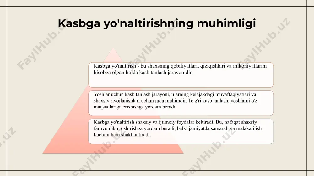 asbga yo'naltirish jarayoni, ularning qobiliyatlarini aniqlash va rivojlantirishda muhim ahamiyatga ega. bu jarayon ishtirokchilarni o'z kuchli tomonlarini tushunishga va to'g'ri kasb tanlashda yordam beradi. yoshlar, kasbga yo'naltirish orqali o'z kelajagini shakllantirib, o'z maqsadlariga erishish imkoniyatini oshiradi. kasbga yo'naltirish, yoshlarning ijtimoiy va iqtisodiy rivojlanishiga katta hissa qo'shadi. bu jarayon orqali, yoshlar o'zlariga mos kasblarni tanlash, shuningdek, jamiyatda o'z o'rinlarini topishda ko'maklashadi. individual yondoshuvlar orqali, har bir yoshga o'z qobiliyatlariga mos ravishda yo'nalish berish, ularning kelajakdagi muvaffaqiyatlarini ta'minlaydi. 1 2 kasbga yo'naltirishning asosiy yo'nalishlari yoshlar uchun muhim imkoniyatlar - kasbga yo'naltirishning asosiy yo'nalishlari: ta'lim, ish joyidagi tajriba va maslahatlar. - har bir yo'nalishning afzalliklari: ta'lim - nazariy bilimlar, ish joyidagi tajriba - amaliy ko'nikmalar, maslahatlar - tajribali mutaxassislarning fikrlari. - kamchiliklar: ta'lim - nazariyadan amaliyotga o'tishdagi qiyinchiliklar, ish joyidagi tajriba - cheklangan imkoniyatlar, maslahatlar - har doim to'g'ri yo'l ko'rsatmasligi mumkin. - yoshlarni o'z qobiliyatlari va qiziqishlariga mos keluvchi kasblarni tanlashda yo'naltirish …