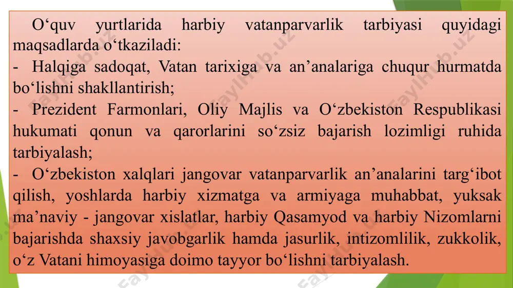 ti natijalari darajasi, ularning vatan himoyasiga tayyorgarligini va uni takomillashtirish bo‘yicha qarorlar qabul qilishni o‘rganish yotadi. o‘quv muassasa direktorining vazifalari: 1. harbiy vatanparvarlik tarbiyasiga umumiy rahbarlik qilish, kadrlarni tanlash, tarbiyalash va joy joyiga qo‘yish; 2. harbiy vatanparvarlik ishlari holatini tahlil qilish, uni rejalashtirish, rejalarni jamoat, o‘quv muassasadan tashqari tashkilotlar, tayanch korxonalari bilan moslashtirib olish; 3. harbiy vatanparvarlik faoliyati, o‘qituvchilar, sinfdan va o‘quv muassasadan tashqari ishlar tashkilotchilari, «chaqiruvga qadar boshlang‘ich tayyorgarlik” o‘qituvchilarining pedagogik mahoratini takomillashtirishning tashabbuskorona qarorlarini ilgari surish; 4. harbiy vatanparvarlik tarbiyasi ishlarining borishi yuzasidan o‘quv muassasa ichki hisobi va nazoratini olib borish; 5. harbiy vatanparvarlik tarbiyasini tashkil qilish uchun zaruriy, ijtimoiy va ma’naviy psixologik sharoitlarni yaratish. bundan tashqari direktor harbiy vatanparvarlik tarbiyasi bo‘yicha jamoat kengashi raisi hamdir. sinf rahbari: 1.sinf jamoasining maqsadga yo‘naltirilgan harbiy vatanparvarlik faoliyatiga rahbarlik qiladi; 2.ushbu sinf bilan shug‘ullanadigan o‘qituvchilar va tarbiyachilar, maktabdan tashqari muassasalar va ota onalarning o‘quvchilarda vatan himoyasiga tayyorgarlikni shakllantirish bo‘yicha tegishli ishlarini …