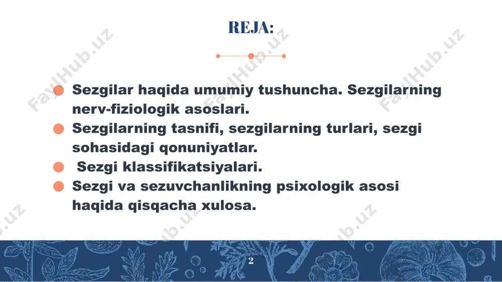 hodisalarning xususiyatlarini aks ettirishga moslashgan hamda retseptorlari tananing sirtqi qismida joylashgan sezgilar, ya’ni ekstroretseptiv sezgilar introretseptiv sezgilar 10 ichki tana a’zolari holatlarini aks ettiruvchi hamda retseptorlari ichki tana a’zolarida, to‘qimalarda joylashgan sezgilar, ya’ni interoretseptiv sezgilar. 11 dastlabki mulohazalar interoretseptiv sezgilar u borasida rus psixologi aleksandr romanovich luriya tadqiqot ishini olib borgan. uning fikricha, interoretseptiv sezgilar asl, tub, ma’nodagi sezgilar emas, balki emotsiyalar bilan sezgilar o‘rtasidagi oraliq sezgilar sifatida namoyon bo‘ladi. psixologiya fanida mazkur sezgilar to‘la o‘rganilmaganligi sababli uni “noma’lum hislar” deb atalgan. bu asosan ichki organlarning xastaliklarida vujudga keluvchi holatlarni diagnostika qilishda alohida ahamiyat kasb etadi. proprioretseptiv sezgilar 12 tanamiz va gavdamizning holati hamda harakatlari haqida ma’lumot (axborot, xabar) beruvchi muskullarda, bog‘lovchi paylarda, mushaklarda joylashgan sezgilar, ya’ni proprioretseptiv sezgilar. 13 propriotseptiv sezgilar gavdaning fazodagi holati to‘g‘risida signallar bilan ta’minlab turadi. ular inson harakatining boshqaruvchisi hisoblanib va afferent asosini tashkil qiladi. pereferik retseptorlar muskullar, pay va bo‘g‘imlarda joylashgan bo‘lib, maxsus tanachalar …