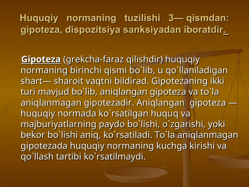 rni tartibga solishda keng qo‘llaniladi. huquq tizimi va huquqshunoslik fanlar tizimi huquq tizimini yuqorida ko‘rib o‘tdik. huquq tizimida qonunlar va huquqshunoslik fanlar tizimi asos qilib olinsada, lekin ular o‘rtasida farqu bor. qonunlar yoki normativ hujjatlarni tizimi ya’ni tartibga solib nashr etish quyidagi ikki xil usullar bilan amalga oshiriladi. inkorporatsiya va kodifikatsiya. huquqshunoslik fanlar tizimi huquq tizimidan keng bo‘lib ko‘pgina huquqshunoslik fanlarining nomi tizimiga to‘g‘ri keladi. masalan, jinoyat huquqi, fuqarolik xuquki, jinoyat protsessual huquqi va boshqalar. aksincha shunday huquqshunoslik fanlar borki, ular huquq tizimiga to‘g‘ri kelmaydi. masalan, davlat va huquq nazariyasi, davlat va huquq tarixi va hokazolar.