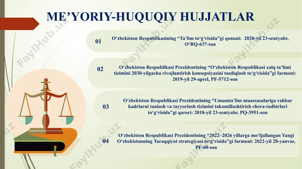 yo‘lga qo‘yish; trening va tajriba almashinuvi tashkil etish; xorijiy tajribalarni oʻrganib, ularni mahalliy sharoitga moslashtirish. yaponiya – rahbar bo‘lishdan oldin o‘qituvchi kamida 10–15 yil tajriba to‘playdi; muntazam ravishda malaka oshirish kurslari majburiy hisoblanadi aqsh – rahbar xodimlar “school leadership program” orqali tayyorlanadi; nomzodlar amaliyotchi mentor rahbar bilan birgalikda ishlaydi germaniya – maktab rahbarlari maxsus pedagogik boshqaruv magistraturasida o‘qitiladi; nomzodlar pedagogik tajriba va boshqaruv imtihonlari orqali tanlanadi xorijiy tajribalarni o‘rganilganligi 8 № amaldagi holat (oʻzbekistonda) amaldagi holat (xorijda) takliflar 1 rahbarlar asosan tajriba va tavsiyalar asosida tayinlanadi, yagona sertifikatlash tizimi to‘liq shakllanmagan.yosh pedagoglar rahbarlik ko‘nikmalarini amaliyotda yetarlicha rivojlantira olmaydi yaponiya - rahbar bo‘lish uchun 10–15 yil pedagogik tajriba talab qilinadi, majburiy malaka oshirish kurslari mavjud. rahbarlikka tayyorlash jarayoni bosqichma-bosqich va uzoq muddatli, milliy tizimga moslashtirilgan xalqaro tajriba qo‘llanadi. rahbarlar uchun majburiy sertifikatlash tizimini joriy etish, “ustoz–shogird” tizimini kuchaytirish. 2 zaxira kadrlar ro‘yxati mavjud, lekin ularni rivojlantirish tizimi sust yo‘lga qo‘yilgan aqsh …