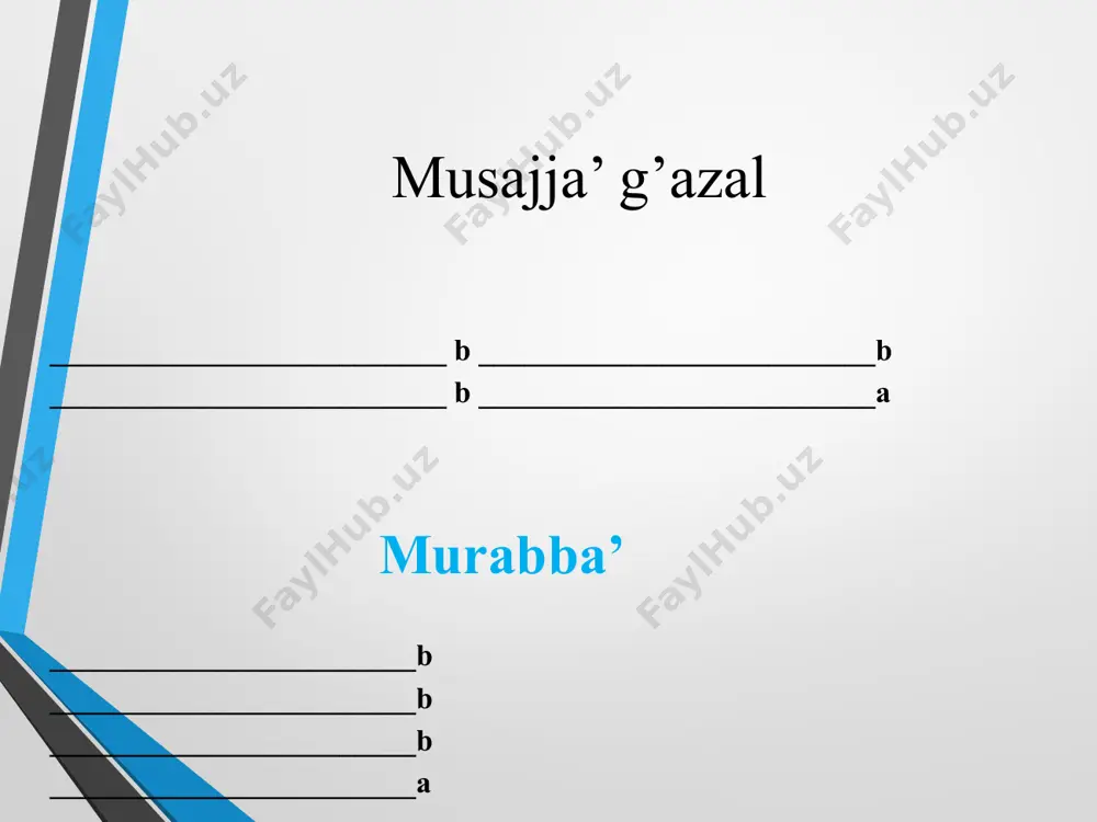 ssa’ (ar.) – to’qqizlik. har bandi 9 misradan iborat she’r shakli, a-a-a-a-a-a-a-a-a, b-b-b-b-b-b-b-b-a, d-d-d-d-d-d-d-d-a... yoki a-a-a-a-a-a-a-a-a, b-b-b-b-b-b-b-a-a, d-d-d-d-d-d-d-a-a... tarzida qofiyalanadi. mutassa’ janri mumtoz adabiyotda deyarli qo’llanilmagan, so’nggi izlanishlar uning fazliy namangoniy ijodida mavjudligini ko’rsatmoqda. ushbu mutassa’ ikkinchi turga mansub bo‘lib, quyidagi band bilan boshlanadi: fazliy namangoniy durdkashlarmiz, erur paymonaga paymonamiz, boda nobidin mudom obod erur vayronamiz. roygondur ayshimiz, soqiy o‘la mehmonimiz, jonimiz – jononamiz, jononamizdur jonimiz. borchadin ortuq xarobot ichra izzu shonimiz, shoh lutfidin etar sarmoyayu somonimiz. sham’dek har anjumanda bu erur burhonimiz, shoh bizni shohimiz, sulton bizim sultonimiz, davr bizni davrimiz, davron bizin davronimiz… muashshar muashshar (ar.) – o’nlik. har bandi 10 misradan iborat she’r shakli. mumtoz adabiyotda faqat nodira va ahmad tabibiy ijodida uchraydi. nodira muashshari a-a-a-a-a-a-a-a-b-b, b-b-b-b-b-b-b-b-a-a, d-d-d-d-d-d-d-d-a-a tarzida qofiyalangan bo’lib, bandning oxiridagi ikki misra aynan – naqarot tarzida takrorlanadi. ohkim, behad menga javr-u jafo aylar falak, furqat ichra qismatim dard-u balo aylar falak, yordin ayru menga …
