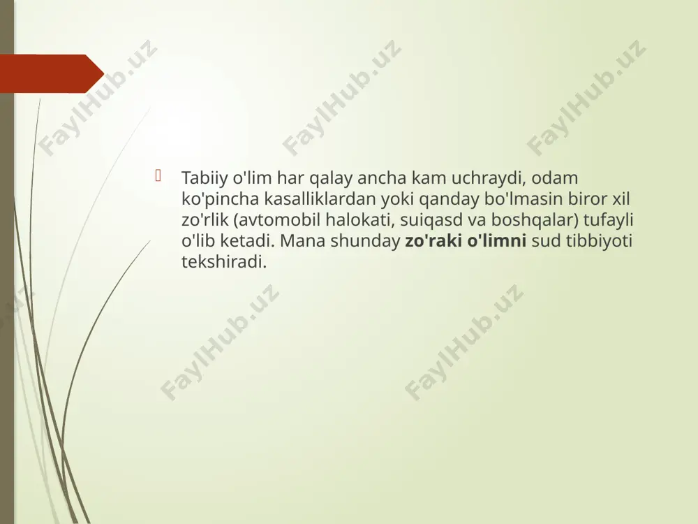 dog'lar paydo bo'ladi, ular terining ichga tortib turadigan qo'ng'ir-sarg'ish tusli zich joylari bo'lib, tagida kizil rangli tomirlar ko'rinib turadi. atrofdagi havo harorati yuqori va namligi past bo'lgan sharoitlarda murdaning qurishi tezlashib boradi. murda qurishi odatda badanning ayrim qismlari bilan cheklanadi, lekin atrofdagi muhitda alohida sharoitlar bo'lganida murda boshdanoyoq qurishi mumkinki, bu narsa murdaning mo'miyolanishiga olib keladi. autoliz o'limdan keyin ferment sistemalari aynab, ph kislota tomoniga surilib borishi munosabati bilan gidrolitik fermentlar ta'siri ostida organizmdagi tuzilmalarning parchalanib yemirilishidir. sirtdan bu jarayon organ va to'qimalarning asta-sekin yumshab, suyuklanib borishi bilan ta'riflanadi, uning nechog'lik seziladigan darajada o'tishi organ va to'qimalardagi proteolitik fermentlar miqdoriga bog'liqdir. me'da osti bezi, buyrak usti bezlari, taloq, jigarda lizosoma fermentlarining ko'p bo'lishi autoliz alomatlarining ayni shu organlarda dastlab paydo bo'lishiga olib keladi. qon autolizga ancha tez uchraydi o'limdan keyin boshlanadigan gemoliz aslida autolizning bir ko'rinishidir. me'da va ingichka ichak tarkibida pepsin, tripsin va boshka birikmalar bo'ladigan hazm shiralari ahamiyatga …