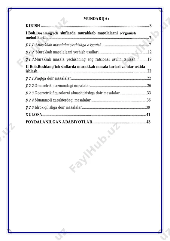 erkin shaxslarni shakllantirishni o’z oldiga maqsad qilib qo’yadi. masalalar yechish boshlang'ich sinflarda matematika o'qitishning muhim qismi bo'lib hisoblanadi. boshlang'ich sinflarda sodda va murakkab masalalar o'quvchilar bilimlarini mukammallashtirishga xizmat qiladi. ko'pgina masalalar bir necha usul bilan yechiladi. bunday masalalarni yechishda tartibga rioya qilish bir usul bilan masala yechishni yaxshi o'zlashtirib olgandan keyingina yangi usulga o'tishi lozim. bir necha usuldan eng o'ng'ayini, maqsadga muvofig'ini tanlab olish kerak. masala yechish ishi masala yechish metodini yaxshi tushunishga yordam beradi, o'quvchilarning tashabbuskorligini, masala yechish usullariga nisbatan topqirlik qobiliyatini rivojlantiradi. mavzuning dolzarbligi: boshlang'ich sinf o'quvchilariga matematika darsligida juda ham ko'p uchraydigan masalalar va ularning yechimlarini topish haqidagi ma'lumotlarni biz 1-sinfdayoq ularga o'rgatib ulardagi bilish va fikrlash qobiliyatini o'stirib borishimiz juda ham muhimdir. masala yechishga o'rgatishning muhimligi shundan iboratki, o'qituvchi o'zining asosiy e’tiborini matnli masalalar mazmunini matematika tiliga ko'chirishga qaratmog'i lozim. masalalar yechishdagi hisoblash ishlari sonli masalalarni yechish malakalarini shakllantirish mashq qilishga nisbatan kamroq vaqtni talab qiladi. …