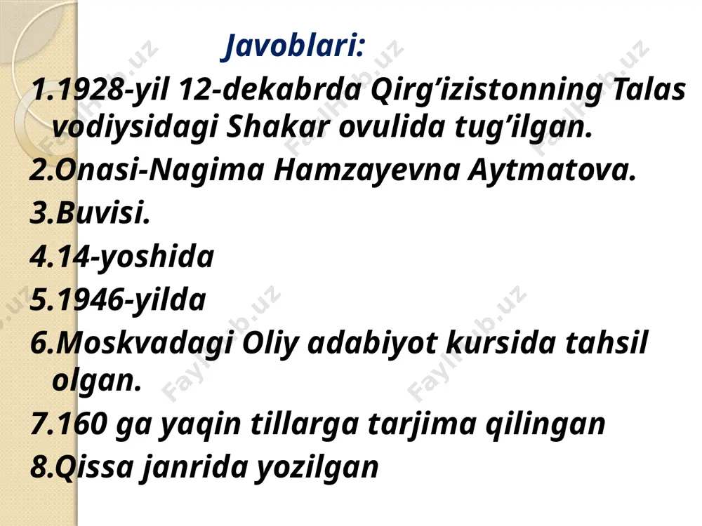 qachondan boshlandi? a. bug`ular issiqko`lni tark etishgach. b. bu`guboy avlodlarining oshib-toshib ketgan mashhur boyi o`lgach s. issiqko`lni dushmanlar bosib olgachd. o`rozqul tomonidan bu`gu o`ldirilgach. javob: 1- d. harsang. 2- s. ona bug`u. 3-b. bu`guboy avlodlarining oshib-toshib ketgan mashhur boyi o`lgach mo`min chоl bоlа o`rоzqul bo`kеy sеydаhmаd yaхshi sifаtlаri yomоn sifаtlаri yaхshi sifаtlаri yomоn sifаtlаri yaхshi sifаtlаri yomоn sifаtlаri yaхshi sifаtlаri yomоn sifаtlаri yaхshi sifаtlаri yomоn sifаtlаri pоk e’tiq-оdli, sаmi-miy … uyga vazifa: “oq kema qissasidagi bola timsoliga tavsif” mavzusida taassurot yozish image2.wmf image3.png image4.png image5.png image6.png image7.png image8.wmf image9.png image10.wmf image11.png image12.jpeg image13.png image14.png image15.png image16.jpeg image17.gif image18.png /docprops/thumbnail.jpeg