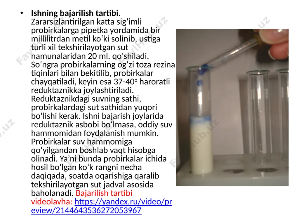 lsa tekshirish natijasiga salbiy ta’sir ko‘rsatishi mumkin. ma’lum belgilangan vaqt o‘tgandan keyin, probirkalardagi rangning o‘zgarishi nazorat probirkalariga taqqoslanadi. sutni bakteriyalar bilan ifloslanganligi bo‘yicha sutning klassini aniqlash namunalarning rangi 1 ml sutdagi bakteriya-larning miqdori (mln) sutning klassi havo rang, kul rangli 0,5 gacha i (yaxshi) ko‘k-binafsha 4 gacha ii (o‘rta) binafsha-qizg‘ish yoki qizg‘ish 20 gacha iii (yomon) ochiq-qizg‘ish rang yoki oqish 20 dan ortiq iv (juda yomon) e’tiboringiz uchun raxmat image1.jpeg image2.jpeg image3.jpeg image4.jpeg /docprops/thumbnail.jpeg