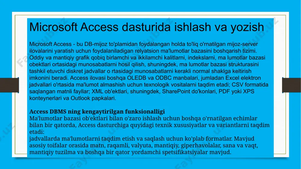 ma'lumotlarni yangilash o'chirish - ma'lumotlarni jadvaldan o'chirish tanlov bayonoti select iborasi quyidagi relyatsion algebra amallariga teng operatsiyalarni bajaradi: tanlash, proyeksiyalash va qo'shilish. uni ishlatadigan eng oddiy sql so'rovi quyidagicha ko'rinadi: tbl dan col_name ni tanlang tanlangan kalit so'zdan keyin vergul bilan ajratilgan ustunlar ro'yxati keltiriladi, ular so'rovdan qaytariladi. from kalit so'zi ma'lumotlarning qaysi jadvaldan (yoki ko'rinishdan) olinishini belgilaydi. tanlangan so'rov natijasi har doim jadval bo'lib, natijalar jadvali deb nomlanadi. bundan tashqari, tanlash jadvali bilan bajarilgan so'rov natijalaridan yangi jadval yaratish uchun foydalanish mumkin. agar har xil jadvallar bo'yicha ikkita so'rov natijalari bir xil formatga ega bo'lsa, ularni bitta jadvalga birlashtirish mumkin. bundan tashqari, olingan jadval keyingi so'rovlarning mavzusi bo'lishi mumkin. access va sql tilining mazmun va mohiyati hozirgi kunga keklib insonlar microsoft access маълумотлар базасини бошқариш тизимида(мббт) маълумотлар базасини(мб) яратиш бўйича амалий ишланмани содда ва тушунарли тилдаги алгоритми va strukturalangan so'rovlar tili (sql) - bu relational database bilan ishlashda foydalaniladigan …