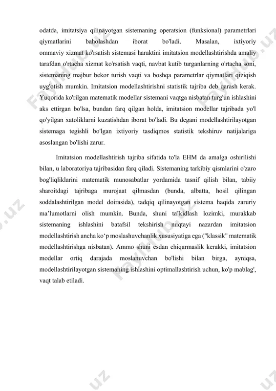 k. o'yinehi 6 tomonga ega bo'lgan kubikni tavakkaliga tashlasin. agar kubikning 1, 2 va 3 tomonlari tushsa, o'yinehi kubikni qaytadan tashlaydi. agar kubikning 4 yoki 5 tomonlari tushsa, u holda o'yinehi yutqazadi. agar kubikning 6 tomoni tushsa, u holda o'yinehi tanga tashlashga o'tadi. bunda, agar tanganing tam g'a tomoni tushsa, u holda o'yinehi yutadi, aks holda yana kubik tashlash bilan jarayon qaytadan, yuqoridagi qoida asosida davom etadi. bu jarayonni markov zanjiri sifatida ifodalash uchun, quyidagi belgilashlarni kiritamiz: s1 — kubikni tashlash; s2 — tangani tashlash; s3 — vutqazish; s4 — yutish. endi ushbu jarayonga mos markov zanjirining o'tish grafini keltiramiz. buning uchun, o'tish ehtimolliklari pij larning qiymatlarini aniqlaymiz. si holatdan sj holatga o'tish ehtimolini hisoblaymiz: kubik tashlanganda 1, 2 va 3 tomonlarning birortasini tushish ehtimoli ga teng, shu sababli p11 — bo'ladi. kubik tashlanganda 4 va 5 tomonlarning birortasini tushish ehtimoli ga teng, shu sababli p13 = bo‘ladi. xuddi kubik …