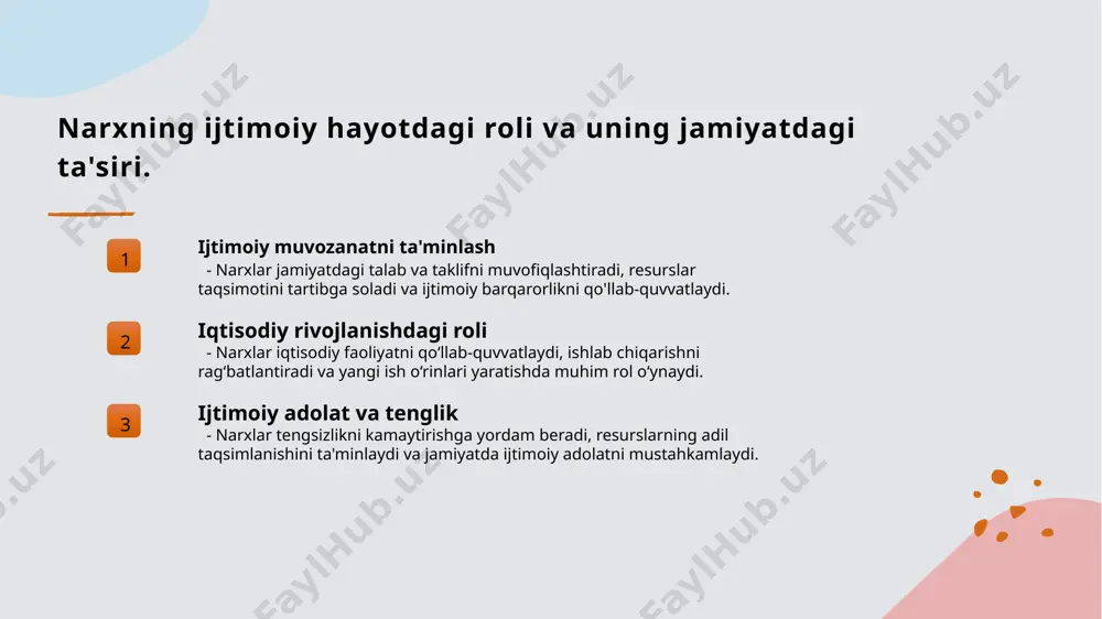 atlarni qo‘llaydi, inflyatsiya va narx nosozligini kamaytiradi. 02 xususiy sektorning roli xususiy kompaniyalar narxlarni belgilashda raqobat asosida ishlab chiqarish va xizmatlar narxini shakllantiradi, bozor talab va taklifiga mos ravishda narxlarni o‘zgartiradi. 03 davlat va xususiy sektor o‘zaro ta’siri davlat va xususiy sektorlar birgalikda narxlarni muvofiqlashtiradi, iqtisodiy siyosat va bozor sharoitlariga mos ravishda narx belgilash jarayonida hamkorlik qiladi. 04 raqobat va siyosat muvozanati raqobat muhitida davlat narxlarni nazorat qilib, monopoliyalarni cheklaydi, bozor muvozanatini saqlash va iste'molchi manfaatlarini himoya qiladi. raqobat muhitida narxni belgilashning xususiyatlari va uning iqtisodiy ta'siri 1 raqobat muhitida narx belgilashning xususiyatlari raqobat muhitida narxlar talab va taklif asosida bozorga mos ravishda aniqlanadi, bu esa narxlarning dinamik va o‘zgaruvchan bo‘lishiga olib keladi. 2 narxlarning iqtisodiy ta'siri raqobat sharoitida narxlar iqtisodiy resurslarning samarali taqsimlanishini ta'minlaydi, iste'molchilar va ishlab chiqaruvchilar uchun adolatli va barqaror bozor yaratadi. 3 raqobatning narx shakllanishiga ta'siri raqobat kuchayganda, narxlar pasaydi, bu esa innovatsiyalarni rag‘batlantiradi va ishlab …