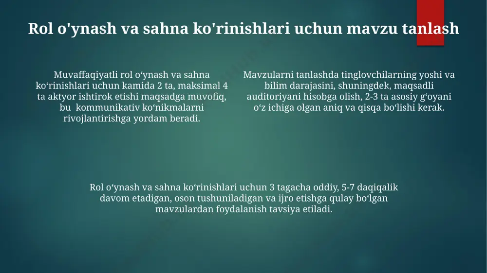 a hayotga yaqin qiladi. turli yoshdagi bolalar uchun rol o'ynash usullari 8-12 yoshli o'quvchilar uchun murakkabroq syujetli, 4-6 ta personajli, dialoglarni o'zlashtirish, tahlil qilish va mustaqil ravishda takrorlash ko'nikmalarini shakllantiradigan rol o'yinlari samarali. 3-7 yoshli bolalar uchun oddiy syujetli, 2-3 ta personaj ishtirokidagi rollarni o'ynash, emotsional ifodani rivojlantirishga, nutq tezligini boshqarishga yordam beradi. 13-15 yoshli o'smirlar uchun adabiyot asarlari asosida, munozarali vaziyatlarni o'z ichiga olgan, ijtimoiy-psixologik masalalarni muhokama qilishga yo'naltirilgan 8-10 ta personajli rol o'yinlari foydali. nutq rivojlanishida rol o'ynashning ahamiyati rol o'ynash sezgir lug'at boyligini 15-25% ga kengaytirib, turli ijtimoiy vaziyatlarda nutqni to'g'ri qo'llash ko'nikmalarini shakllantiradi. o'yinlar orqali nutq va til rivojlanishining 5 ta asosiy komponentini (fonetika, leksika, grammatika, so'zlashuv, tushunish) bir vaqtda rivojlantirish mumkin. nutq rivojlanishida rol o'ynash, 3 yoshdan 7 yoshgacha bo'lgan bolalarda ijodiy fikrlashni 20% ga oshirib, nutq ko'nikmalarini mustahkamlashga yordam beradi. rol o'ynashda ishtirokchilarni tanlash o‘ziga ishonchli va sahna qo‘rquvi past bo‘lgan 2-3 nafar etakchi …