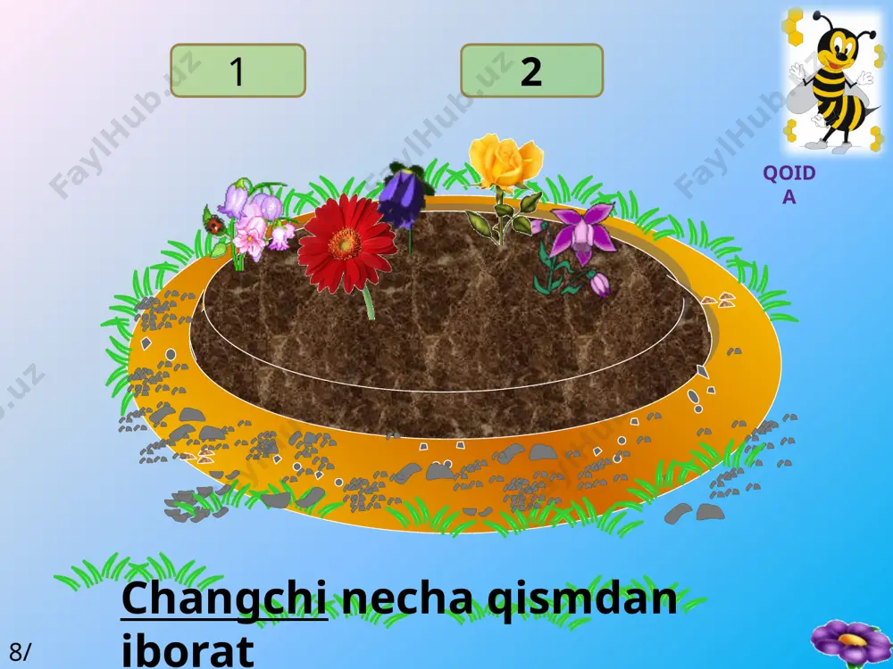 f ______microsoft_office_powerpoint1.sldx image2.emf ______microsoft_office_powerpoint2.sldx image3.emf /docprops/thumbnail.jpeg слайд 11 5 2 4 3 5/3 qoida urugchi necha qismdan iborat image10.gif image11.gif image12.gif audio1.wav image13.jpeg image14.jpeg image2.jpeg image3.jpeg image4.png image5.gif image6.gif image7.gif image8.gif image9.gif 5243 5/3 urugchinechaqismdaniborat /docprops/thumbnail.jpeg слайд 1 5 2 4 3 5/3 qoida urugchi necha qismdan iborat urugchida changdonda gultojda 6/4 qoida chang qayerda yetiladi tuguncha ustuncha tumshuqcha 7/5 qoida urugchining qaysi qismi changlarni ushlash vazifasini bajaradi 1 2 8/6 qoida changchi necha qismdan iborat olma lola olcha g’o’za 9/7 qoida oddiy gulqorgonli o’simlik berilgan javobni korsating lola olma nok olcha tol 10/8 qoida! gulqo’rg’oni tangachaga aylangan osimlik berilgan javobni korsating ustunchadan tugunchada tumshuqchada 11/9 qoida meva urugchining qaysi qismida hosil boladi image10.gif image11.gif image12.gif audio1.wav image13.jpeg image14.jpeg image2.jpeg image3.jpeg image4.png image5.gif image6.gif image7.gif image8.gif image9.gif urugchida changdon dagultojda 6/4 chang qayerdayetiladi /docprops/thumbnail.jpeg слайд 12 urugchida changdonda gultojda 6/4 qoida chang qayerda yetiladi image10.gif image11.gif image12.gif audio1.wav image13.jpeg image14.jpeg …