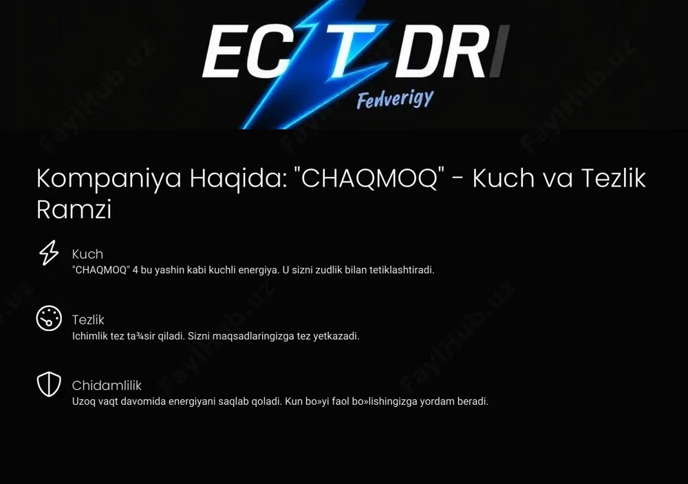 lashtirilgan. https://gamma.app/?utm_source=made-with-gamma moliyaviy reja: investitsiyalar va xarajatlar ishga tushirish xarajatlari marketing va reklama ishlab chiqarish xarajatlari birinchi yil daromadi (prognoz) 150,000 $ 80,000 $ 0.50 $ / dona 2,000,000 $ mahsulotning yuqori rentabelligi tufayli tezda daromadga chiqishni kutmoqdamiz. investitsiyalar qoplanadi. xulosa: "chaqmoq"ning kelajagi brend kuchi "chaqmoq" tezda tan olinadigan brendga aylanadi. bozor ulushi energiya ichimliklari bozorida muhim o»rin egallaydi. barqaror o'sish innovatsiyalar orqali doimiy o»sish ta¾minlanadi.