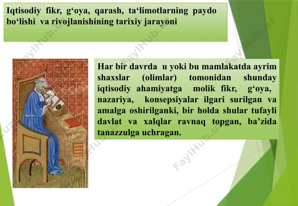 aks etgan. shu davrda iqtisodiy ta‘limotlarni tarixiy nuqtai nazardan birinchi marta tahlil qilishga urinilgan. fanning faol rivoji esa xix asr oxiri va xx asr boshlariga to‘g‘ri keladi thomas robert malthus thomas robert malthus (1766.13.2, rukeri — 1834.23.12, bat) — ingliz iqtisodchisi, ruhoniy. kembrij universitetining jezus kollejini tugatgan (1788). ost-indiya kompaniyasi tasarrufidagi kollejda yangi tarix va siyosiy iqtisod kafedrasida professor (1805-1834). iqtisodiyotga oid fikr, g‘oya, qarash, nazariya va ta‘limotlar uch asrlik tarixga ega «iqtisodiy ta‘limotlar tarixi» fanida ayrim olimlar, davlat arboblari tomonidan ilgari surilgan g‘oya, qarash, nazariya, qonun, ta‘limot, konsepsiyalar, insoniyat taraqqiyotining turli bosqichlaridagi tarixiy rivojlanish qonuniyatlari asosida taqiq etiladi. insoniyat doimo izlanishda bo‘lib, o‘z iqtisodiy qarashlarini sekin asta g‘oyalarga, qoniniyatlarga aylantirgan ibtidoiy jamoada inson ovchilik, dexqonchilik bilan shug‘ullangan bo‘lsa, quldorlik davrida mulkka egalik, feodal davrida yerga egalik, kapitalistik davrda kapital egasi sifatida turli mulkchilikni tashkil qilish bilan bog’liq goyalar va nihoyat sotsializm va demokratik jamiyatda eng haqiqiy iqtisodiy g‘oyalar davlatni …