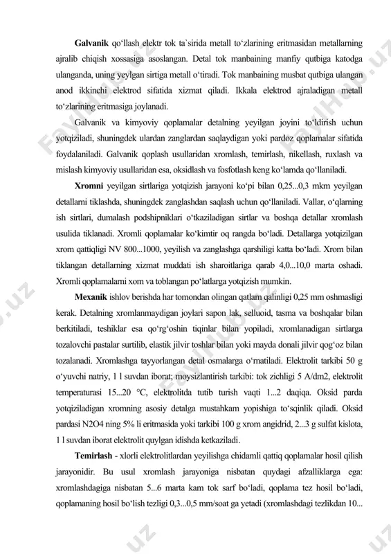 tiklanadi. xromli qoplamalar ko‘kimtir oq rangda bo‘ladi. detallarga yotqizilgan xrom qattiqligi nv 800...1000, yeyilish va zanglashga qarshiligi katta bo‘ladi. xrom bilan tiklangan detallarning xizmat muddati ish sharoitlariga qarab 4,0...10,0 marta oshadi. xromli qoplamalarni xom va toblangan po‘latlarga yotqizish mumkin. mexanik ishlov berishda har tomondan olingan qatlam qalinligi 0,25 mm oshmasligi kerak. detalning xromlanmaydigan joylari sapon lak, selluoid, tasma va boshqalar bilan berkitiladi, teshiklar esa qo‘rg‘oshin tiqinlar bilan yopiladi, xromlanadigan sirtlarga tozalovchi pastalar surtilib, elastik jilvir toshlar bilan yoki mayda donali jilvir qog‘oz bilan tozalanadi. xromlashga tayyorlangan detal osmalarga o‘rnatiladi. elektrolit tarkibi 50 g o‘yuvchi natriy, 1 l suvdan iborat; moysizlantirish tarkibi: tok zichligi 5 a/dm2, elektrolit temperaturasi 15...20 °c, elektrolitda tutib turish vaqti 1...2 daqiqa. oksid parda yotqiziladigan xromning asosiy detalga mustahkam yopishiga to‘sqinlik qiladi. oksid pardasi n2o4 ning 5% li eritmasida yoki tarkibi 100 g xrom angidrid, 2...3 g sulfat kislota, 1 l suvdan iborat elektrolit quylgan idishda ketkaziladi. …