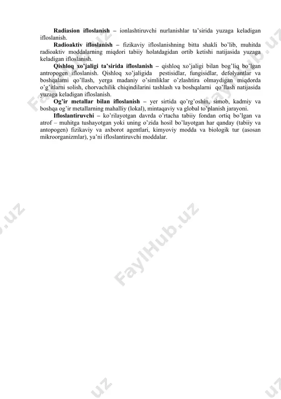 lanish va ularni muhofaza kilish fakatgina xalqaro kelishuvlar asosida, turli mamlakatlar ishtrokidagina muvoffakiyatli amalga oshirilishi va tabiiy resurslardan oqilona foydalanishning ilmiy asoslangan yo’llarini ishlab chiqish mumkin. tabiiy resurslardan oqilona foydalanish bu insonlarning xo’jalik va boshqa faoliyatlarida tabiat boyliklaridan ularning qayta tiklanish qobiliyatini saqlash, modda va energiya almashuvining tabiiy kechuvini to’xtatmasdan, zahiralarining umumiy hajmini hisobga olgan holda samarali foydalanishdir. tabiiy resurslardan foydalanish insonlarning moddiy va ma’naviy ehtiyojlarini qondirishning zaruriy jarayoni hisoblandi. lekin, tabiiy ob’ektlarning resurs hususiyatlarini yo’qotib qo’ymaslik uchun qonun hujjatlari asosida turli foydalanish me’yorlari o’rnatiladi. ular: chiqitlar yig’ilishi (konsentrasiyalashuvi)ning eng yuqori me’yori; kimyoviy moddalarning son jihatdan eng yuqori ifloslanish me’yori va shu kabi me’yoriy ko’rsatkichlardir. ushbu me’yordan ortiqcha foydalanish yoki atrof muhitni ifloslash huquqbuzarlik bo’lib hisoblanadi va tegishli yuridik javobgarlikka tortishga asos bo’la oladi. muhitning ifloslanishi ifloslanish – muhitga xos bo’lmagan fizikaviy, kimyoviy, informasion va biologik agent (omil) larning hosil bo’lishi yoki tashqaridan kiritilishi natijasida ularning konsentrasiyasini o’rganilayotgan vaqtda tabiiy …