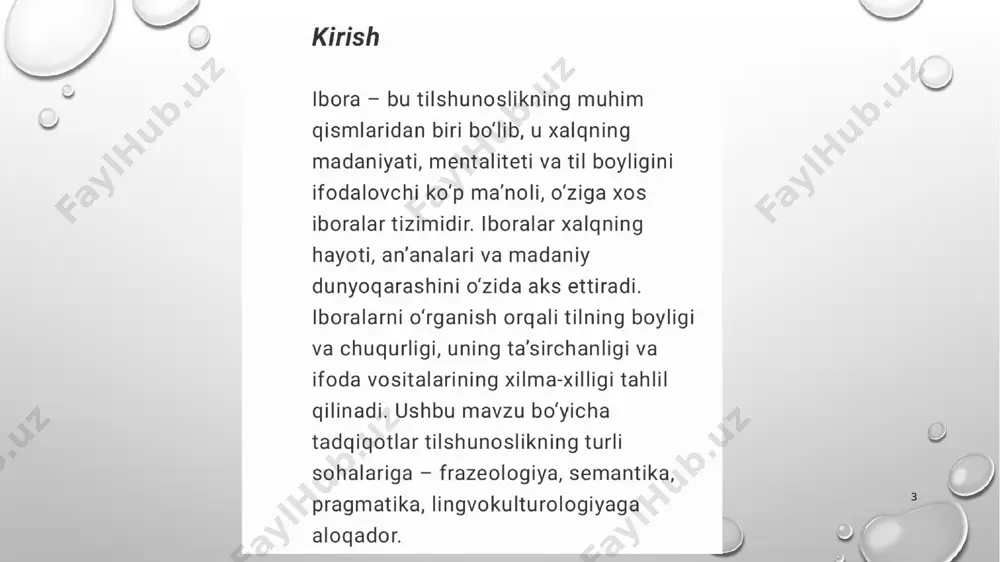 orttirma nisbat yasovchisini olib, o’timliga aylangach, ot komponentining bosh kelishigi tushum kelishigiga almashadi. ko’rinadiki, bir komponentdagi grammatik o’zgarish ikkinchi komponentda ham shunga muqobil o’zgarishni talab qiladi, natijada gapga teng holat birikmaga teng holatga o’tadi.bunday ikki xil sintaktik qurilish shaklida bo’la oluvchi iboralar anchagina: ko’z(i) ko’r,qulog’(i), kar bo’ldi-ko’z(i)ni ko’r, qulog’(i)ni kar qilmoq; ko’z(i)ni moshdek ochmoq- ko’z(i) moshdek ochildi kabi. 12 ona tili darslarida iboralarning o‘qitilishi 13 maktabda ona tili og‘zaki va yozma nutqni biladigan, til unsurlaridan o‘rinli foydalana oladigan, tom ma’nodagi savodli o‘quvchilarni tayyorlashni ta’minlaydigan vosita tarzida o‘rgatiladi. ona tilini yaxshi bilish, mamlakatning siyosiy, madaniy-ma’rifiy, mafkuraviy, xo‘jalik hayotida faol ishtirok etishga yordam beradi. turli maqsadlarga erishishda vosita hisoblanadi. o‘zbek tili lug‘ati tarkibi jihatidan juda boy va rang-barangdir. tilimizda mustaqil leksik ma’noga ega bo‘lgan alohida so‘zlardan tashqari leksik ma’no ifodalaydigan turg‘un birikmalar-iboralar ham mavjud. ularning ma’nolari tarkibidagi so‘zlarning yaxlit ma’nosi asosida yuzaga keladi va inson xotirasida bir butun va tayyor holda saqlanib, …