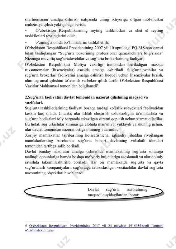 lar tuzish; · sug’urta tovoni to’lashni qonun hujjatlarida va (yoki) sug’urta (qayta sug’urta qilish) shartnomasida belgilangan hollarda hamda tartibda rad etish, sug’urta (qayta sug’urta qilish) shartnomasini muddatidan ilgari bekor qilish; · sug’urta qildiruvchi tomonidan taqdim etilgan axborotni tekshirishni, sug’urta qildiruvchining sug’urta shartnomasi talablari va shartlarini bajarishi ustidan nazoratni sug’urta (qayta sug’urta qilish) shartnomasida nazarda tutilgan tartibda amalga oshirish; · chet el sug’urtalovchilariga syurveyer va adjaster xizmatlari ko’rsatish; · ilgari sug’urtalovchi tomonidan o’z ehtiyojlari uchun olingan yoki sug’urta shartnomasini amalga oshirish natijasida uning ixtiyoriga o’tgan mol-mulkni realizasiya qilish yoki ijaraga berish; · o’zbekiston respublikasining reyting tashkilotlari va chet el reyting tashkilotlari reytinglarini olish; · o’zining alohida bo’linmalarini tashkil etish. o’zbekiston respublikasi prezidentining 2007 yil 10 apreldagi pq-618-son qarori bilan tasdiqlangan “sug’urta bozorining professional qatnashchilari to’g’risida” nizomga muvofiq sug’urtalovchilar va sug’urta brokerlarining faoliyati o’zbekiston respublikasi moliya vazirligi tomonidan beriladigan maxsus ruxsatnomalar (litsenziyalar) asosida amalga oshiriladi. sug’urtalovchilar va sug’urta brokerlari faoliyatini amalga oshirish …