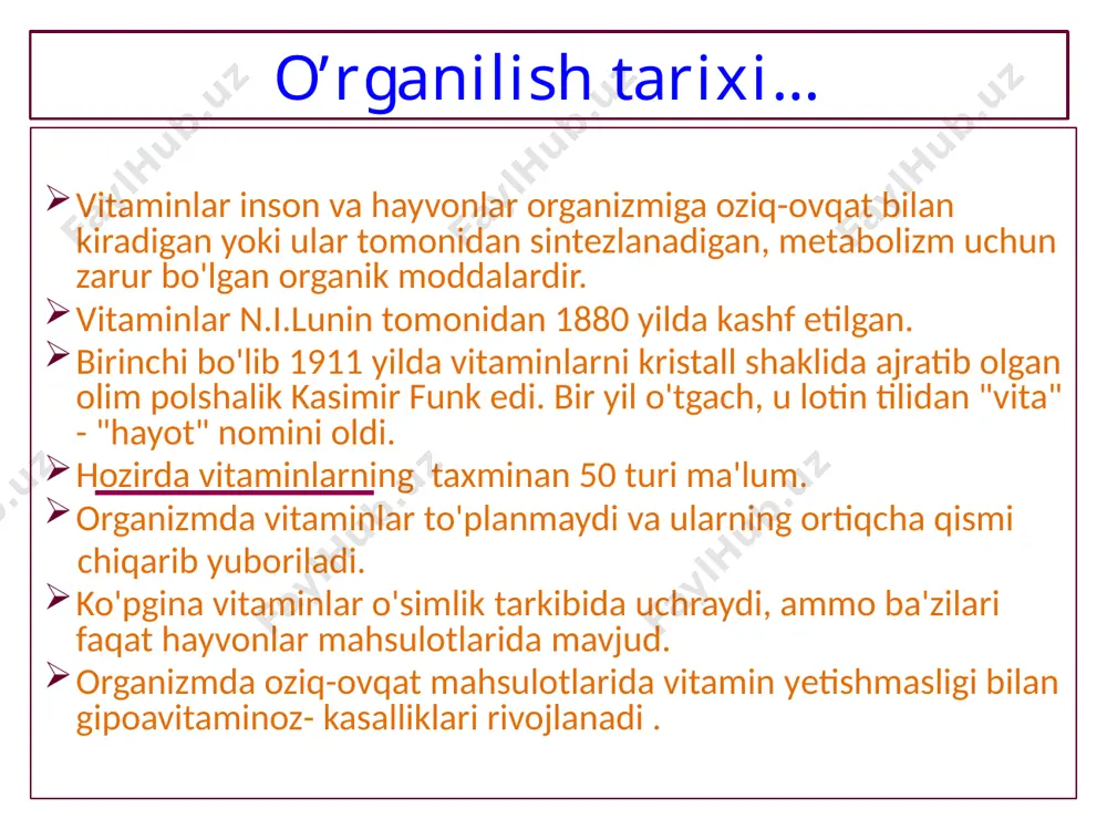 inlarni haddan tashqari ko’p iste'mol qilish orqali kelib chiqadi. bu tananing intoksikatsiyasi (zaharlanishi) shaklida o'zini namoyon qiladi. yog'da eriydigan vitaminlarning haddan tashqari ko'p miqdori toksik ta'sir ko'rsatadi, chunki ular tanada to'planadi. gipervitaminoz ko'pincha bodibulding, bodibilding bilan shug'ullanadigan va ko'pincha ozuqaviy qo'shimchalar va vitaminlarni o'lchovsiz iste'mol qiladigan odamlarda kuzatiladi. oziq-ovqat mahsulotlaridagi vitamin tarkibi yog'da eriydigan vitaminlar oziq-ovqatlar а, мг/100г е, мг/100г d, мг/100г mol jigari 3,83 1,28 - margarin 0,42 20 - qaymoq 0,50 - - tuxum 0,35 - - soya moyi - 114 - makkajo’xori - 93,0 - kungaboqar moyi - 67 - soya - 17,3 - oblipex moyi - 10,3 - no’xat - 9,1 - qaymoq 20% 0,06 0,52 0,12 keta (baliq) 0,04 16,3 икра чёрная 0,18 8,0 suvda eriydigan vitaminlar oziq-ovqatlar с в1 в2 в6 в12 мкг рр foliy kislotasi na’matak (quruq) 1200 0,15 0,84 - - 1,50 - na’matak (ho’l) 470 0,05 0,33 - - 0,60 - …