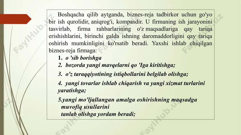 shu mahsulotdan eng kop qancha ishlab chiqara olishingizni yoki xizmatingizni necha marta bera olishingizni hisoblab yozing. yana dalillarga asoslanib yozish kerak. 9.har bir mahsulotning tan narhi qancha bo’lishini hisoblang mahshulot ishlab chiqarish uchun ketadigan materiallar narhidan tortib ishchilarga beriladigan oylik, do’kon yoki uskuna arenda xarajati, soliq, elektr, telefon internetdan tortib barcha xarajatlarni hisobga olgan holda har bir mahsulotingizning tan narhi qanchaga tushishini hisoblab chiqing. 10.qancha boshlang’ich sarmoya kerak bo’lishini yozing ishni muvaffaqiyatli boshlab olish uchun qancha boshlang’ich sarmoya kerak bo’lishini va bu sarmoya nimalarga ishlatilishini tushuntiring. 11.umuman olganda sizning biznesingiz nimaga foyda keltiradigan bo’lishini va qancha vaqtda foyda olib kelishni boshlashini dalillar bilan yozing buning uchun bozorni yaxshilab o’rganib, hisob kitoblarni to’g’ri va ishonarli qilishingiz kerak. 12biznes rejangizdagi asosiy bo’limlarining qisqa mazmunini sanab o’ting. buni biznes rejangizning boshiga joylang. ko’pincha sarmoyadorlarning biznes rejani to’liq o’qib chiqishga vaqtlari va xohishlari bo’lmaydi. shuning uchun ular rejangizning barcha muhim va e’tiborga loyiq jihatlarini …