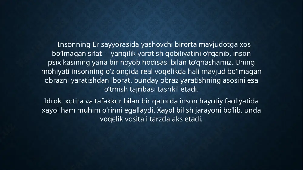 hodisalarni tutishi mumkin. shu bilan birga, xayollarda kashf etilgan yangilik doimo haqiqatda mavjud bo‘lganlar bilan u yoki bu darajada bog‘langan bo‘ladi. xayol obrazlari idrok obrazlariga, shuningdek, xayolda chuqur o‘zgarishlarga uchraydigan xotira tasavvurlariga ham tayanadi. insonning individual taraqqiyoti jarayonida xayol tafakkur bilan uzviy aloqada shakllanadi. xayol obrazlarini tuzish inson aqliy taraqqiyotining yuqori darajasidagina amalga oshishi mumkin. ko‘p hollarda xayol yangi echimni topish zaruriyati tug‘ilganida, ya’ni, harakatdan o‘zib ketgan holda aks ettirish talab etilgan muammoli vaziyatda yuzaga keladi. hamkorlikdagi faoliyatda zaruriyat tufayli inson boshqa kishilar bilan birlashishi, ular bilan munosabatga kirishishi, aloqa o`rnatishi, o`zaro tushunishga erishishi va kerakli axborotni olishi, shunga mos javobni berishi kerak. bunda muloqot faoliyatning bir tomoni, uning axborot aspekti-kommunikatsiya sifatida namoyon bo`ladi. biroq predmet yasash bilan birga inson o`zi yasagan predmetda o`zini “translyatsiya” qiladi, ya`ni o`zini boshqalarda davom ettiradi. hosil qilingan predmet (ko`rilgan bino, yozilgan qatorlar, o`tkazilgan daraxt) bir tomonidan faoliyat predmeti, ikkinchi tomondan inson o`zini ko`rsatadigan vositadir. …