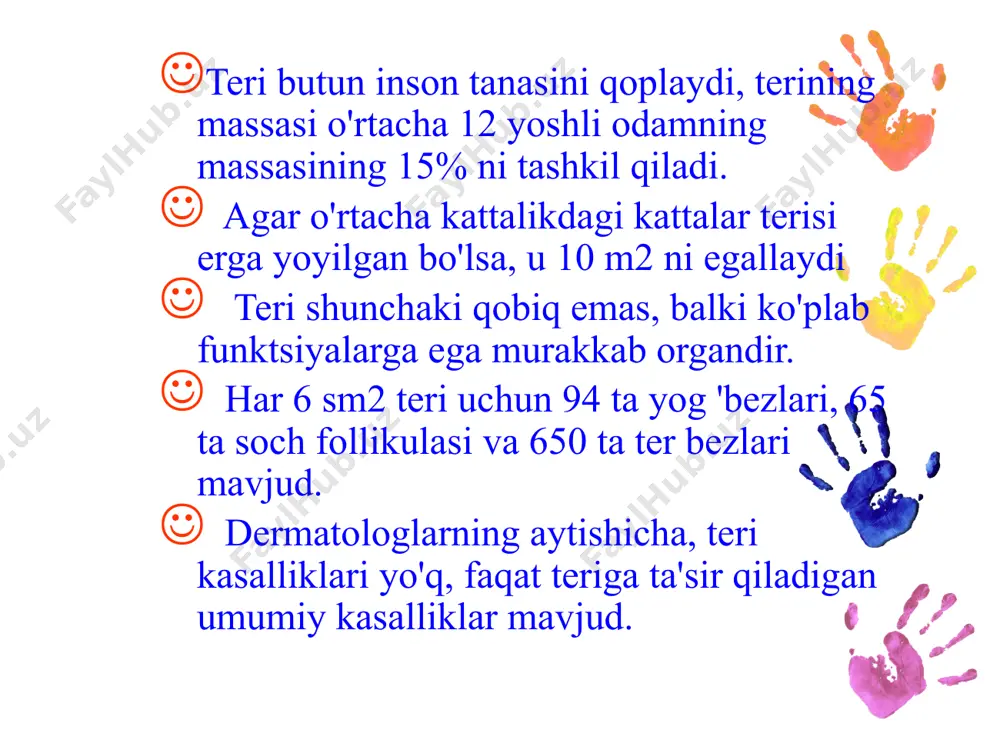 kollagen va hujayralararo moddani sintez qiluvchi va yo'q qiladigan dermisning ferment hujayralari. makrofaglar - tartibga soluvchi hujayralar terini zararli moddalarning kirib kelishidan himoya qiladi gipodermis - tananing teri osti yog 'qatlami. yog 'kislotalarining to'planishi va chiqarilishi tufayli tananing kuchli energiya zaxirasini ifodalaydi. u yog 'hujayralari (adipotsitlar) dan iborat - bu butun bo'shliqni egallagan bir tomchi yog' bilan periferiyaga siljigan, yassilangan yadroli hajmli hujayralar. gipodermisdagi yog 'hujayralarining tarqalishi odamning jinsiga bog'liq siluetga ko'proq yoki kamroq uyg'un shakllar beradi. teri osti yog 'to'qimasida yog' bezlari bilan chambarchas bog'liq bo'lgan ter bezlari, soch follikulalari mavjud. gipodermalar (teri osti yog tolasi) tirnoqlar - bu tirnoq to'shagida yotgan shoxli plitalar. tirnoq to'shagining terisi qon tomirlari va asab tugunlari bilan ta'minlangan. 17 soch bizning tanamizdagi sochlar bir tekis taqsimlanmagan. sochlarning uch turi mavjud: uzun - boshning sochlari, soqol va mo'ylovi, qo'ltiq osti va jinsiy a'zolar; tukli - qoshlar, kirpiklar, burun va quloqlarning kirish joylari; to'p - …