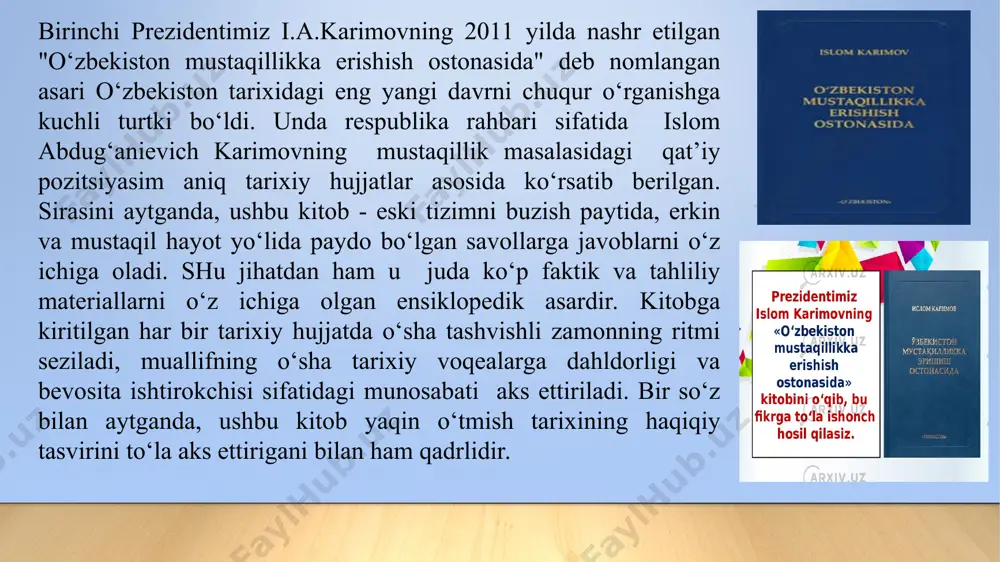 ng aniq masalalarini ishlab chiqishda, mamlakatda demokratik islohotlarni yanada chuqurlashtirish va fuqarolik jamiyati asoslarini mustahkamlashda faol ishtirok etadi. 2020 yil “ilm-ma’rifat va raqamli iqtisodiyotni rivojlantirish yilida quyidagi ishlar ko'zda tutildi: 2020 yil “ilm-ma’rifat va raqamli iqtisodiyotni rivojlantirish yilida quyidagi ishlar ko'zda tutildi: foydanildan adabiyotlar: 1.shavkat mirziyoev. biz milliy rivojlanish yo‘limizni yangi bosqichda ishonch bilan davom ettiramiz. 1-jild. t: “o‘zbekiston”, 2017 yil. 2. karimov i. mamlakatda demokratik islohotlarni yanada chuqurlashtirish va fuqarolik jamiyatini shakllantirish kontsepsiyasi.-t: “o‘zbekiston”, 2010 yil. 3. karimov i. o‘zbekiston mustaqillikka erishish ostonasida.-t: “o‘zbekiston”, 2011 yil. 4. sobirov a. o‘zbekistonning yangi tarixi: o‘rganish metodologiyasi masalalari bo‘yicha // "o‘zbekistonning eng yangi tarixi: nazariy va metodologik asoslari, o‘rganish tajribasi, manbalari va usullari" respublika ilmiy-amaliy konferensiyasi materiallari. – t: 2013 yil. 5. rahimov m. o‘rta osiyoda zamonaviy xalqaro munosabatlarni o‘rganishda fanlararo usullardan foydalanish. o‘zbekistondagi og‘iz tarixi: nazariya va amaliyot. –t: o‘zr ii an, 2011 yil. 6. rahimov m., tursunova r. o‘zbekistonning zamonaviy …