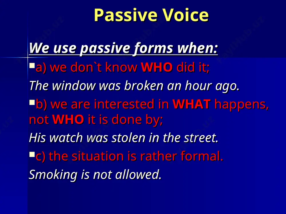 trait painted …? 7. women`s dresses are sewed … dressmakers. passive voice with the verbs that have two objects some verbs can have two objects: we gave the police the information. object 1 object 2 so it is possible to make two passive sentences: the police were given the information. or the information was given to the police. other verbs which can have two objects are : ask offer pay refuse send show teach tell express the same in english using passive forms of the verbs мои часы украли вчера. посмотри! новый кинотеатр построили! когда павел вошел в комнату, обсуждали его проект. все упражнения сделаны. мы можем идти в кино. когда с ним поговорят? текст нужно будет перевести. когда папа приехал, вещи были упакованы. где статья? ее переводят. ее переведут через час. джона леннона знают не только в англии. мне разрешили пойти в кино. match the two parts of these …