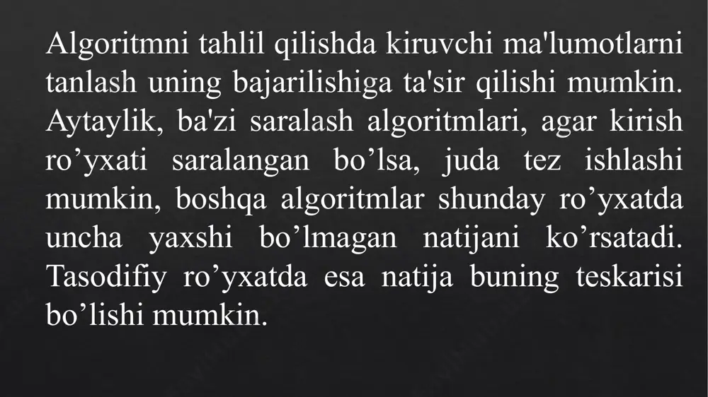 ahosi: o(1) + o(n) + o(n) = o(1 + n + n) = o(1 + 2n) = o(n) qo‘shish va ko‘paytirish qoidasi for x in range(n): print(x) for y in range(m): print(y) for x in range(n): for y in range(m): print(x, y) o(n) + o(m) = o(n + m) n = m da: o(n + n) = o(2n) = o(n) o(n*m) n = m da: o(n^2) murakkab algoritmlarning o‘sish tartibi ahamiyatga ega bo‘lmagan murakkablik for x in range(n): for y in range(n): print(x,y) for t in range(n): print(t) o(n*n) = o(n^2) o(n^2 + n) = o(n^2) ahamiyatga ega bo‘lgan murakkablikni ajratish o(n + log n) = o(n) o(3n + 10n^2 + 2^n) = o(n + n^2 + 2^n) = o(2^n) o(n^2 + a), bu yerda a noma’lum bo‘lganligi sababli ifodani soddalashtirib bo‘lmaydi. logarifmik murakkablikdagi algoritmlar -1 -3 2 4 5 7 8 9 v = 4 search_v = 9 n …