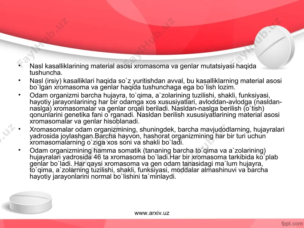 ufayli, bularning har ikkalasining jinsiy hujayrasi yadrosidagi mutatsiyaga uchragan xromasoma va genlar homilaga o`tadi. natijada homila otasi va onasining avlodida bo`lgan irsiy (nasl) kasallik bilan xastalanadi. demak, homilaning otasi va onasi tanasidagi mutatsiyaga uchragan, lekin kasallikni yuzaga keltirmagan. xromasoma va genlar homilada irsiy (nasl) kasallikni vujudga keltirishi mumkin. www.arxiv.uz www.arxiv.uz shuning uchun ham oilaviy turmush qurish bo`saxonasida bo`lgan yigit-qizga maslahat tariqasida aytish lozimki, ular bir-birlariga yaqin qarindosh bo`lmaganlari ma`qul. irsiy (nasl) kasalliklarning yuqorida aytilganidek, avloddan-avlodga o`tishidan tashqari, har bir odamning yashash jarayonida ichki jinsiy a`zosi kasallanishi (yallig`lanishi), turli xil kimyoviy moddalar bilan zaharlanishi tufayli unda ishlab chiqariladigan jinsiy hujayralar (erkakda spermatozoid, ayolda tuxum hujayra) yadrosidagi 23 tadan xromasomaning qaysi biridir va uning tarkibidagi ko`plab genlarning qaysi biridir mutatsiyaga uchrashi mumkin. natijada, mazkur ayol va erkak jinsiy hujayrasining urug`lanishidan paydo bo`lgan homilada xromasoma yoki genetik kasallik yuzaga kelishi mumkin. vaholanki, bu shaxsning avlodida bunday kasallik bo`lmasa ham. bu haqda quyida daun …