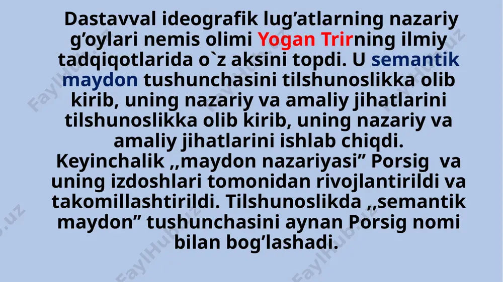 uyidagi asosiy ko`rinishlari bor: 1. ideografik tezaurus. tezaurus tipidagi idegrafik lug’atlarda so`zlar qat’iy mantiqiy, falsafiy tasnif asosida joylashtiriladi. 2. analogik lug’at. bunday lug’at mualliflari so`zlarning mantiqiy-falsafiy tasnifi asosida ish ko`rmaydilar, balki ma’noviy-alifboviy usulni ma’qul ko`radilar. analogik lug’atlarda so`zlarning lug’aviy-ma’noviy guruhlar to`dasi alifbo tartibida joylashgan bo`ladi. 3. o`quv tematik lug’ati. leksikografiya tarixida ingliz, fransuz, nemis, ispan tillari materiali asosida tuzilgan lug’atlar talaygina. namunaviy o`quv ideografik lug’ati sifatida 1847 yilda tuzilgan k.plottsning qayta-qayta nashr ettirilgan lug’atini ko`rsatish mumkin. bu lug’atda barcha so`zlar 33 mavzuiy guruhlarga bo`lingan. har bir guruh o`z ichida yana kichik guruhlarga bo`linadi. masalan, nisbatan katta ,,shahar’’ guruhi quyidagi kichik guruhlardan iborat: umumiy so`zlar, ko`cha, ko`prik, kommunal xizmat, jamoat korxonalari yoki ,,salomatlik va kasallik’’ guruhi quyidagi bo`limchalardan iborat: kasalliklar, baxtsiz voqealar, vrach, dori, davolash, tana kasalliklari va hokazolar. ba’zi so`zlarning ishlatilishi bo`yicha illyustrativ misollar keltiriladi. har bir tilning leksikasi o`sha tilda gapiruvchi uchun aktiv va passiv holatda bo`ladi. aktiv qavatga …