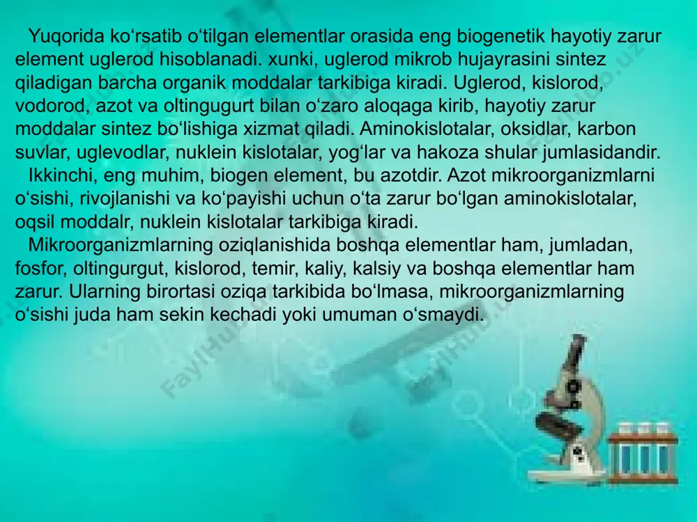 n vodorod atomlari akseptorlarga o‘tadi. bu fazada bir qancha reaksiyalar amalga oshib ularni krebs sikli yoki trikarbon sikli deyiladi. ikkinchi fazada ajralgan vodorod atomlari kislorod bilan oksidlanadi va atf hosil bo‘ladi. ikkala faza birgalikda substratni co2 va h2o va biologik foydali energiya hosil bo‘lishiga olib keladi (atf va boshqa birikmalar). quyida inog‘omova (1983) s.p.kostichev fikriga ko‘ra aerob nafas olishda pirouzum kislota (cn3cocoon) hosil bo‘lishi asosiy o‘rinni egallashi va asosiy jarayonlarni quyidagicha tushuntiradi. nafas olish protsessida pirouzum kislotadan so2 ajraladi va sirka kislota hosil bo‘ladi. sirka kislota atsetil (cn3-co) gruppa shaklida koenzim-a fermentiga birikib, atsetilkoenzim-a (cn3-coc-co-a) degan moddaga aylanadi. bu modda suv ishtirokida oksalat-sirka kislota bilan qo‘shilishi natijasida limon kislota hosil bo‘ladi limon kislota tarkibidan bir molekula suv ajralib sis-akonit kislota hosil bo‘ladi. sis-akonit kislotaga bir molekula suv birikib, izolimon kislota hosil qiladi. bu kislota vodorodini yo‘qotib, oksalat-qahrabo kislotaga aylanadi. reaksiya vaqtida suv va organik moddalardan ajralgan vodorod va elektronlar (2n+ …
