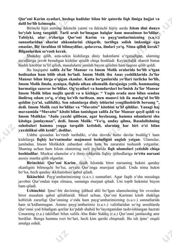 ini oʻrgatish, ularning hayotida oriz boʻladigan masalalarni hal etish yubora boshladilar. jumladan, yamanga muoz ibn jabalni (r.a.) yuborishni iroda qildilar. muoz ibn jabal (r.a.) oʻz ish joylariga joʻnab ketayotganlarida paygʻambar (s.a.v.) u kishini toʻxtatib, “ u yerda senga bir masala oriz boʻlsa, qanday qilib hukm chiqarasan? ” deb soʻradilar. muoz ibn jabal (r.a.) “ allohning kitobi ila ”, deb javob berdilar. rasuli akram (s.a.v.): “ allohning kitobidan topa olmasangchi? ” deb soʻradilar. muoz ibn jabal (r.a.) “allohning paygʻambari sunnati ila ”, deb javob berdilar. paygʻambar (s.a.v.): “allohning paygʻambari sunnatidan ham topa olmasangchi? ” deb soʻradilar. shunda muoz ibn jabal (r.a.) qarab turmosdan, “ fikrim ila ijtihod qilaman ”, dedilar. paygʻambar (s.a.v.) bu javoblardan gʻoyat mamnun boʻldilar va: “alloh rasulining vakilini, allohni va rasulini rozi qiladigan narsaga muvaffaq qilgan alloh taologa hamdu sanolar boʻlsin ”, dedilar. barcha hadis kitoblarida keltirilgan ushbu mashhur voqea asrlar davomida faqihlarimizni yangidan-yangi ilmiy choʻqqilarga, izlanishlarga chorlashi …